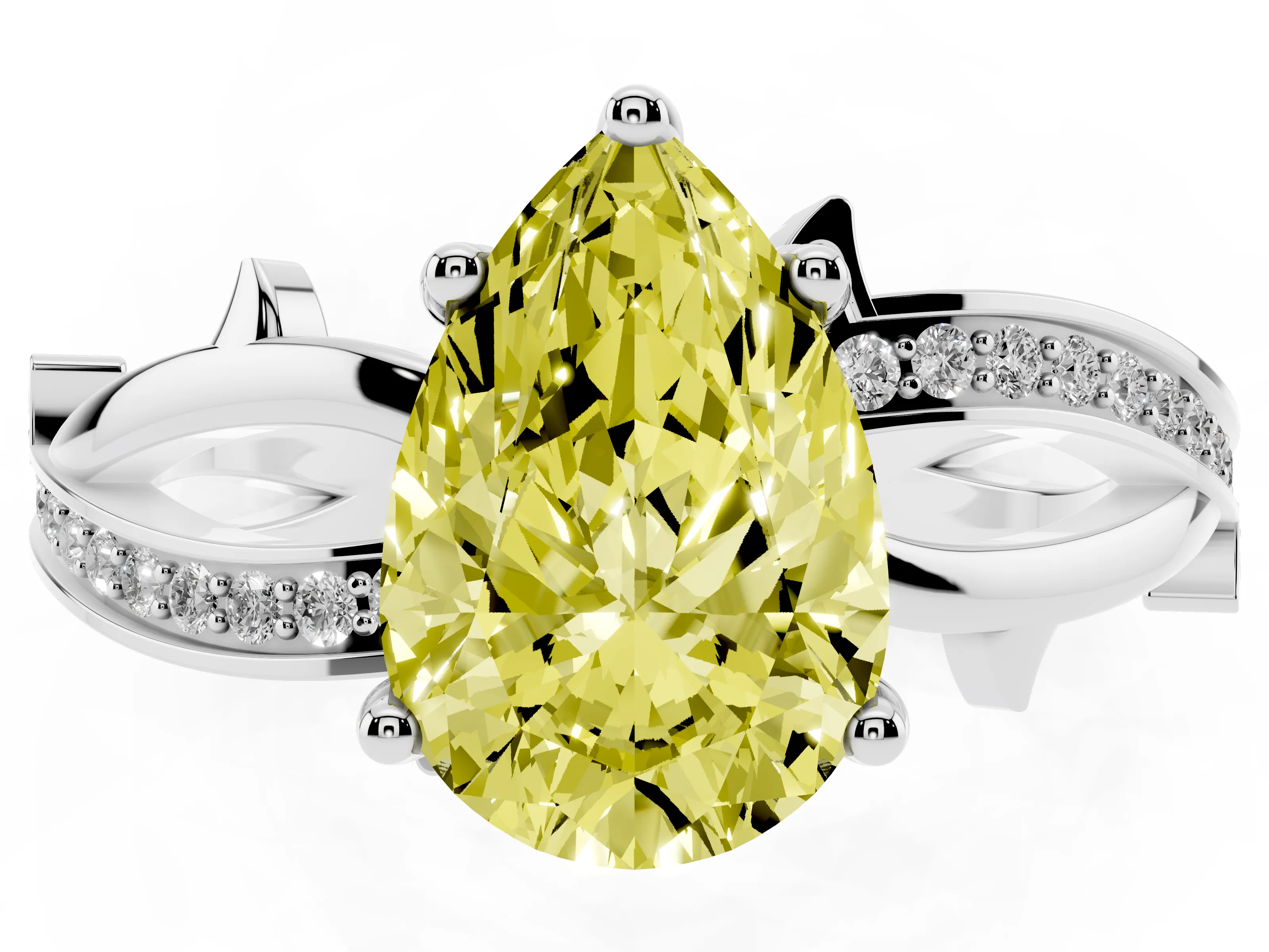 Fancy Yellow Pear Cut Diamond Pavé Twist Band Solitaire Ring Set in Silver with Prong Setting