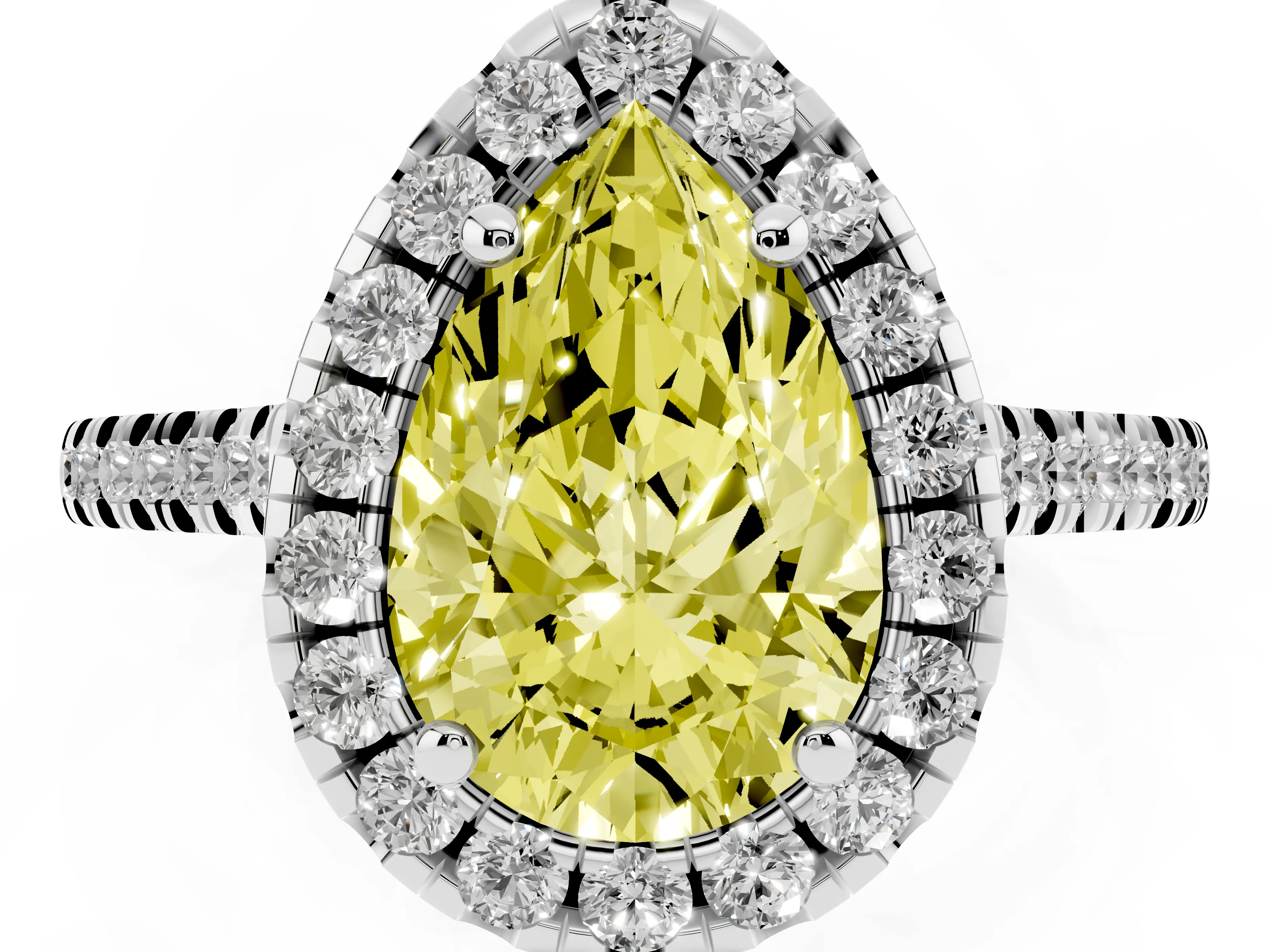 Fancy Yellow Pear Cut Diamond Cushion Halo Ring Set in White gold with Pavé Band