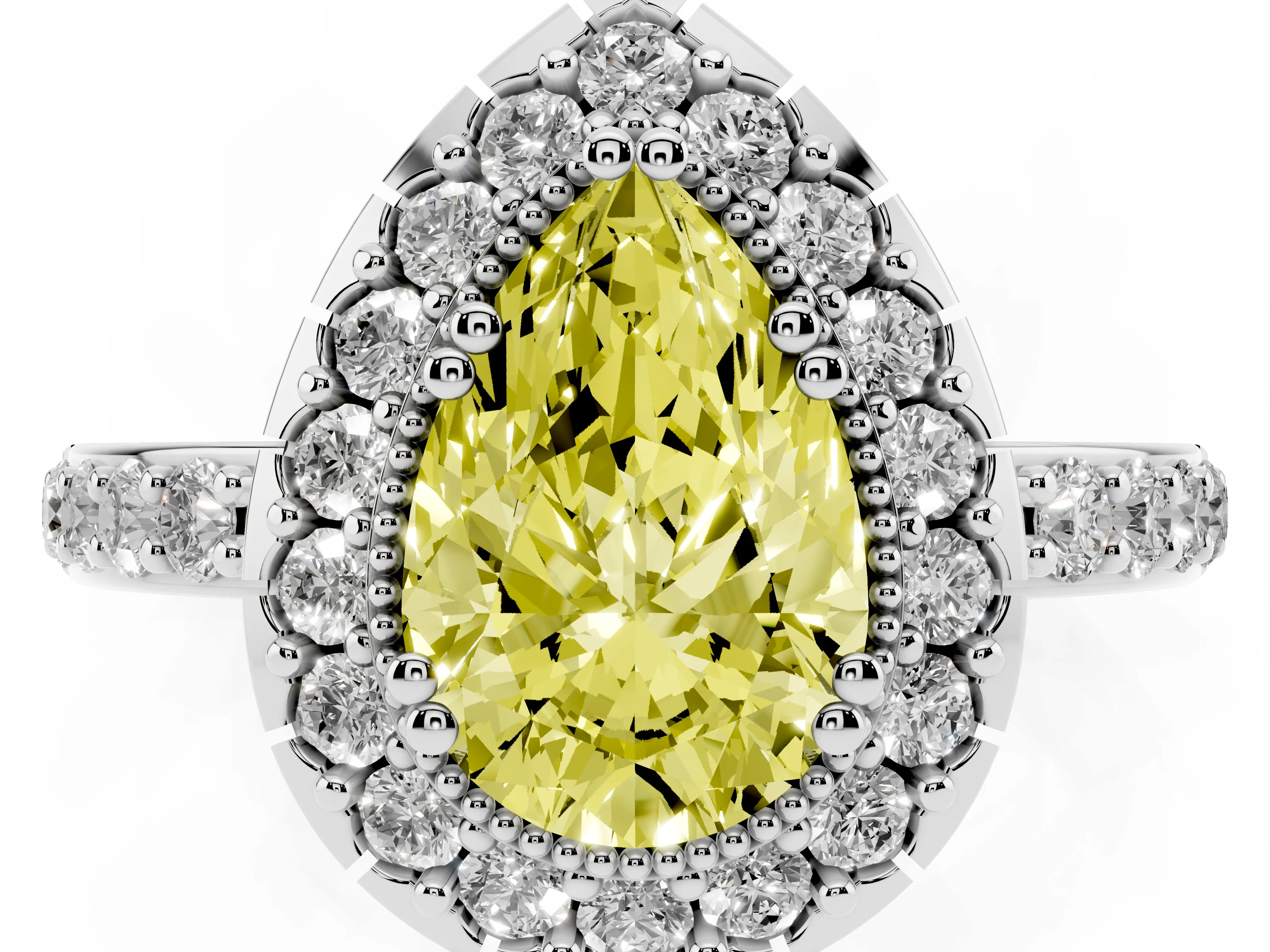 Fancy Yellow Pear Cut Diamond Halo Ring Set in White gold with Pavé Shank and Prong Setting