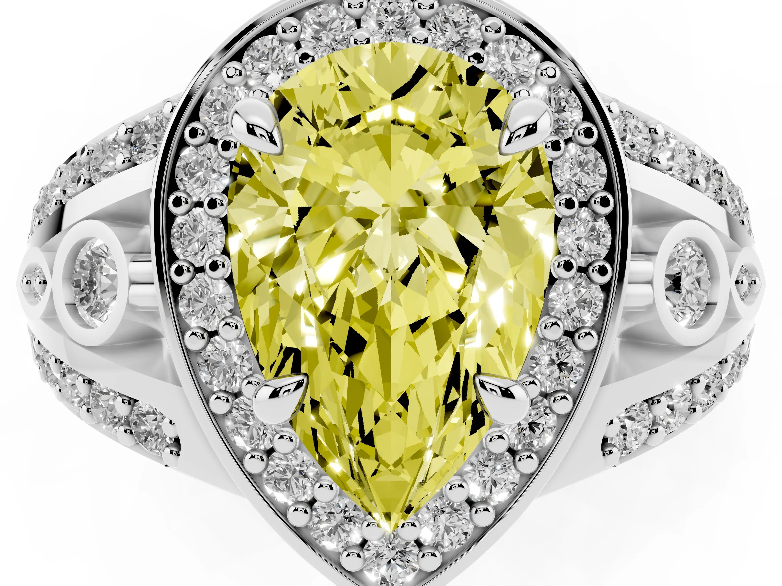 Fancy Yellow Pear Cut Diamond Halo Ring Set in Silver with Pavé Split Shank and Bezel Accents