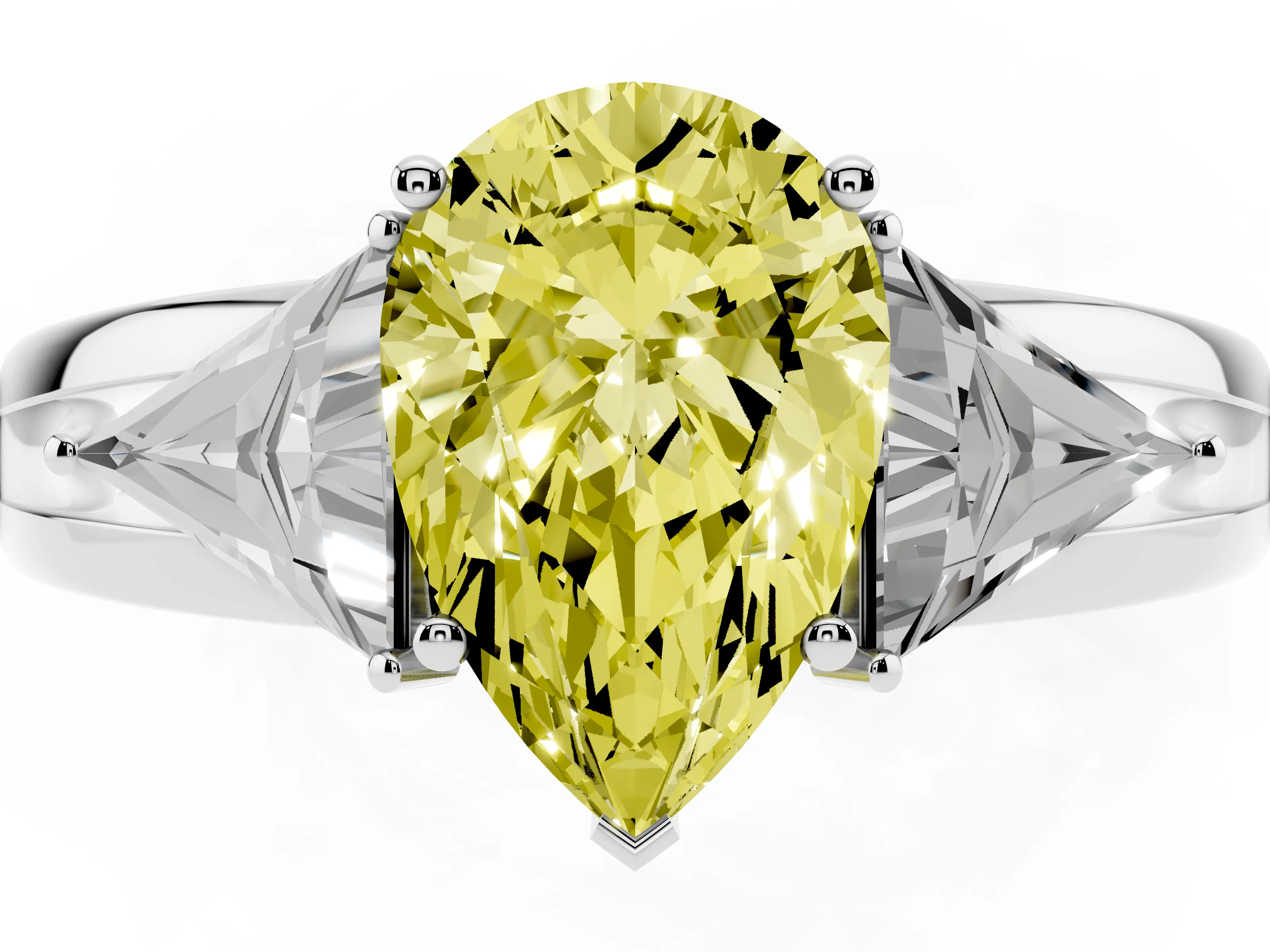 Fancy Yellow Pear Cut Diamond Three-Stone Ring Set in Silver with Trillion Side Stones and Split Shank