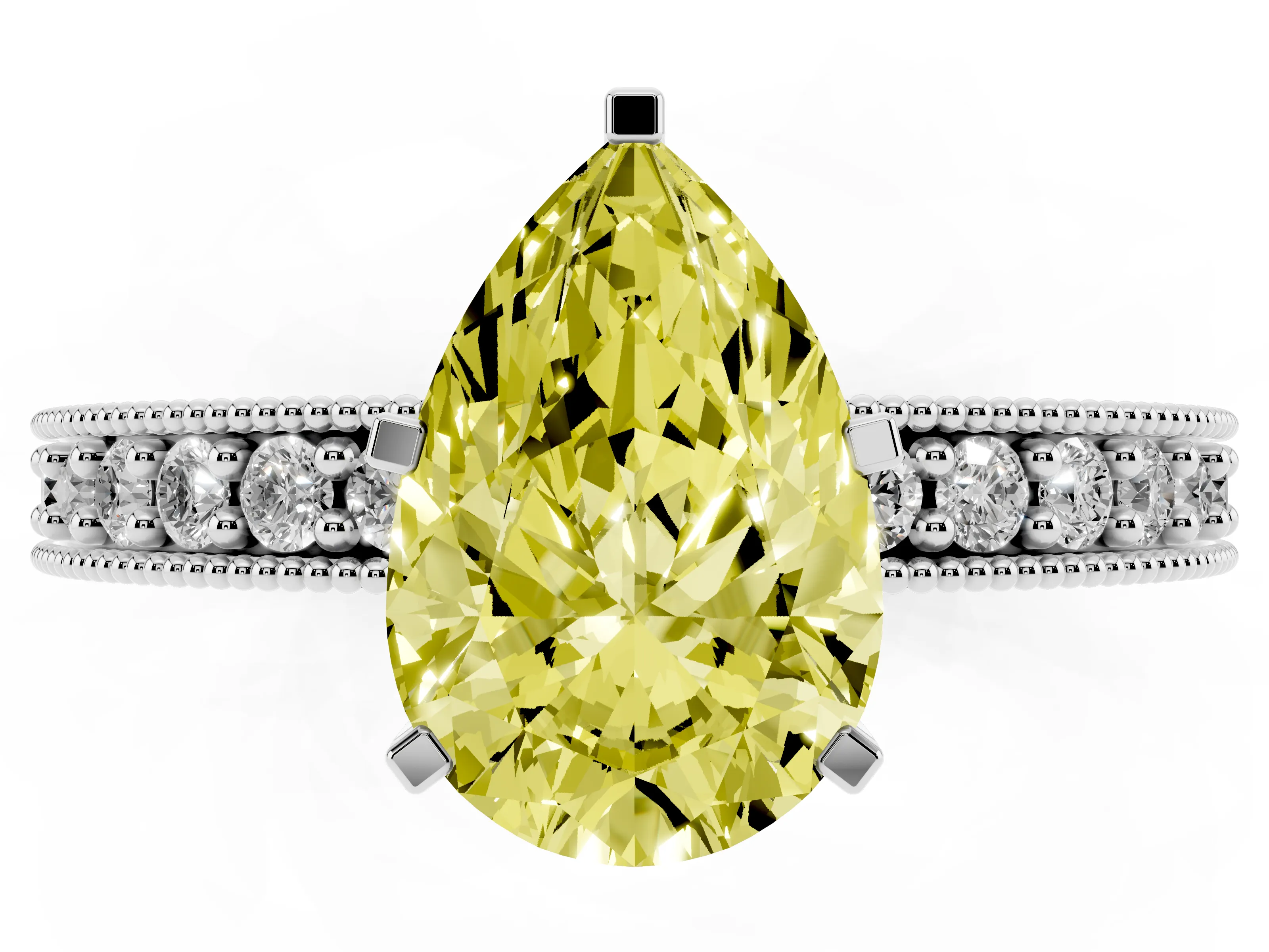 Fancy Yellow Pear Cut Diamond Milgrain Pavé Engagement Ring Set in Platinum with Prong Setting
