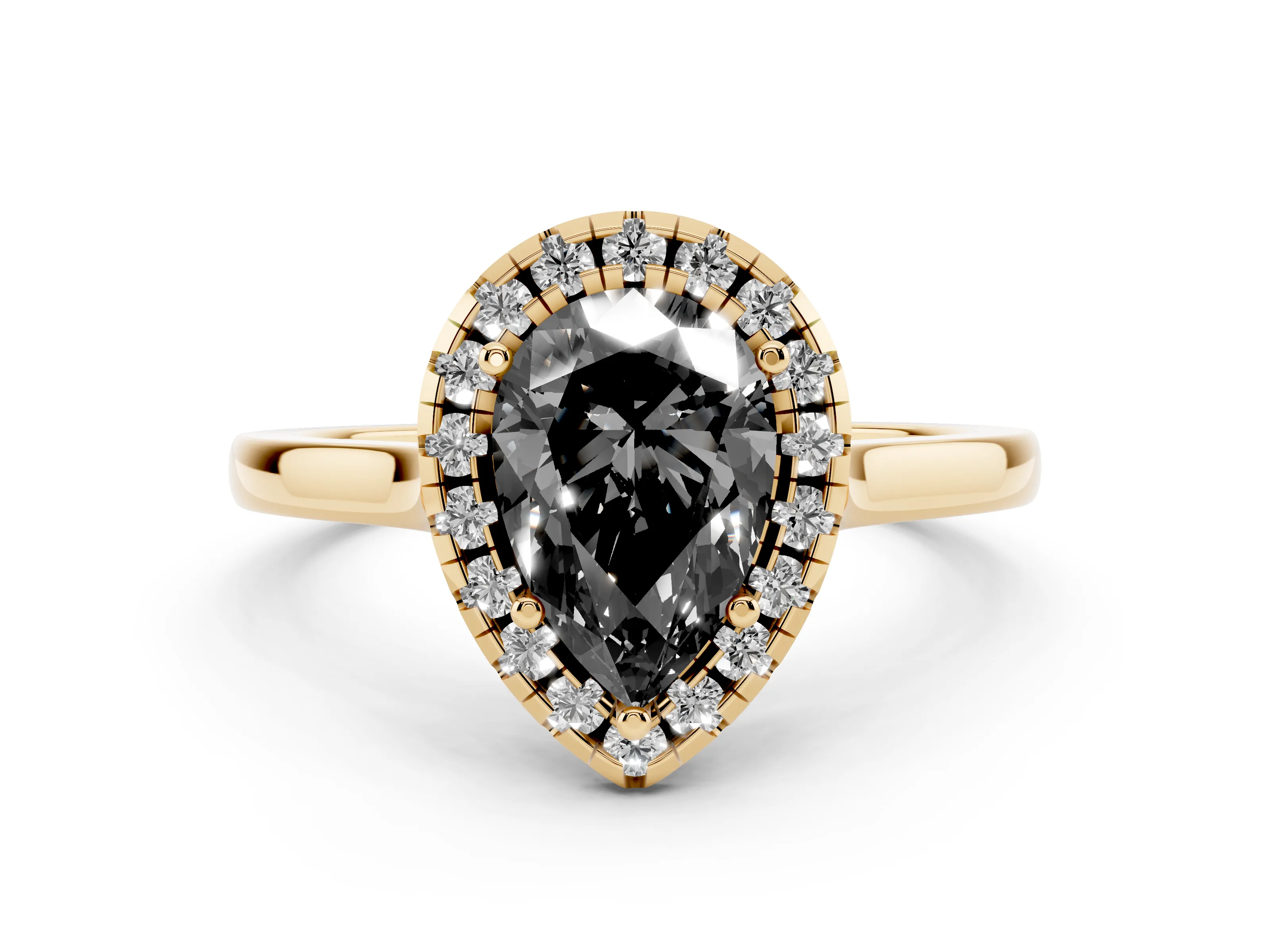 Fancy Black Pear Cut Halo Round Diamond Solitaire Ring Set in Yellow gold with Pavé Band and Prong Setting