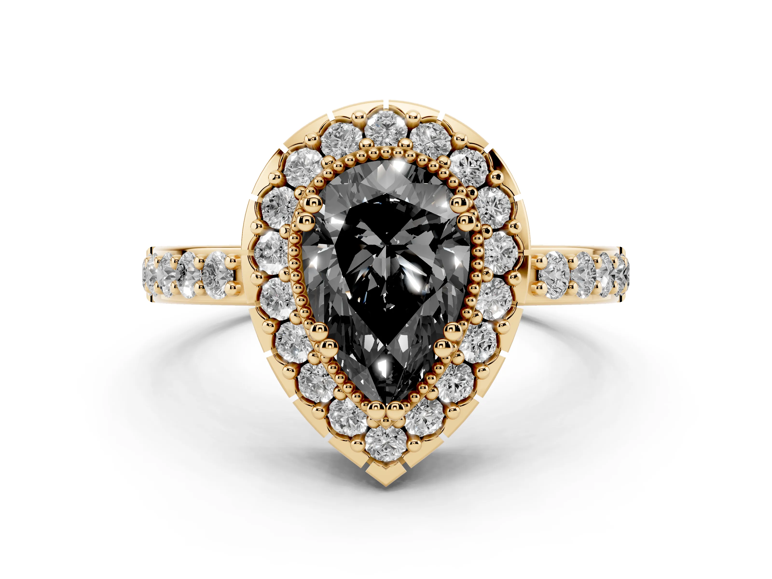 Fancy Black Pear Cut Diamond Halo Ring Set in Yellow gold with Pavé Shank and Prong Setting