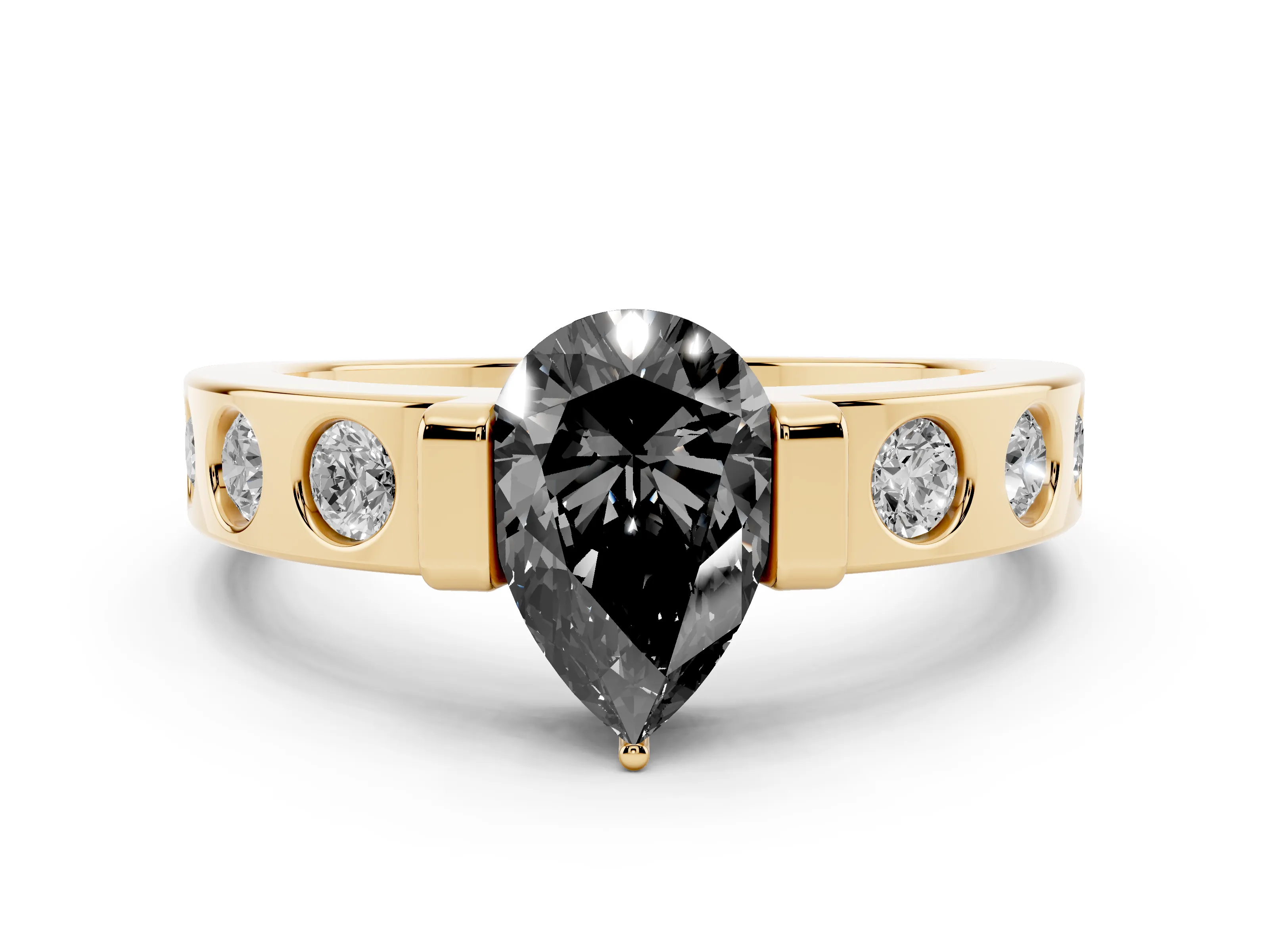 Fancy Black Pear Cut Diamond Channel-Set Band Ring Set in Yellow gold with Bezel Prong Setting