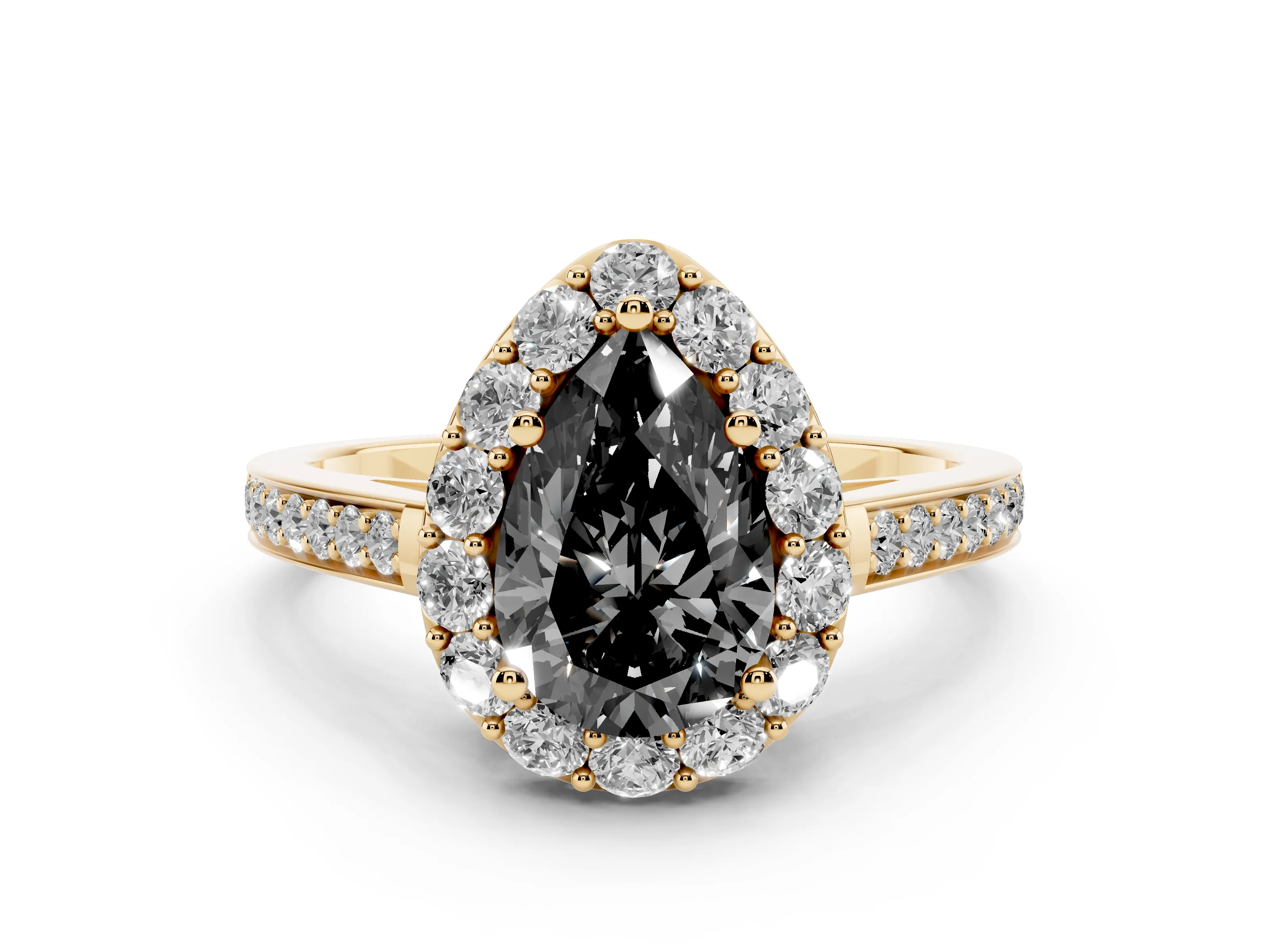 Fancy Black Pear Cut Diamond Floral Halo Ring Set in Yellow gold with Pavé Band and Prong Setting
