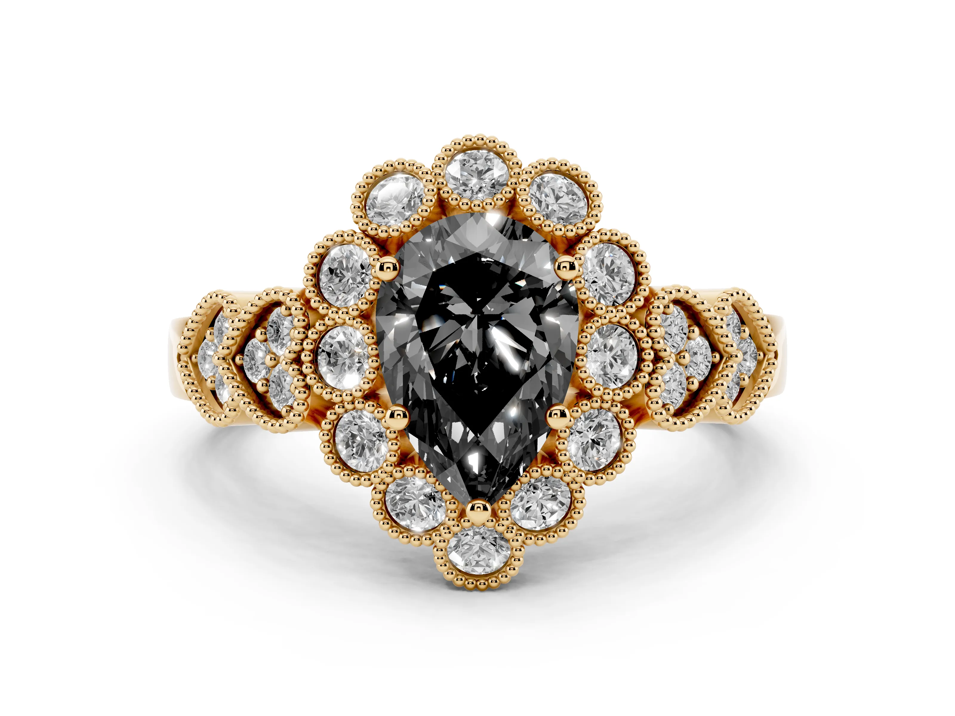 Fancy Black Pear Cut Diamond Solitaire Ring Set in Yellow gold with Milgrain Pavé Heart Band