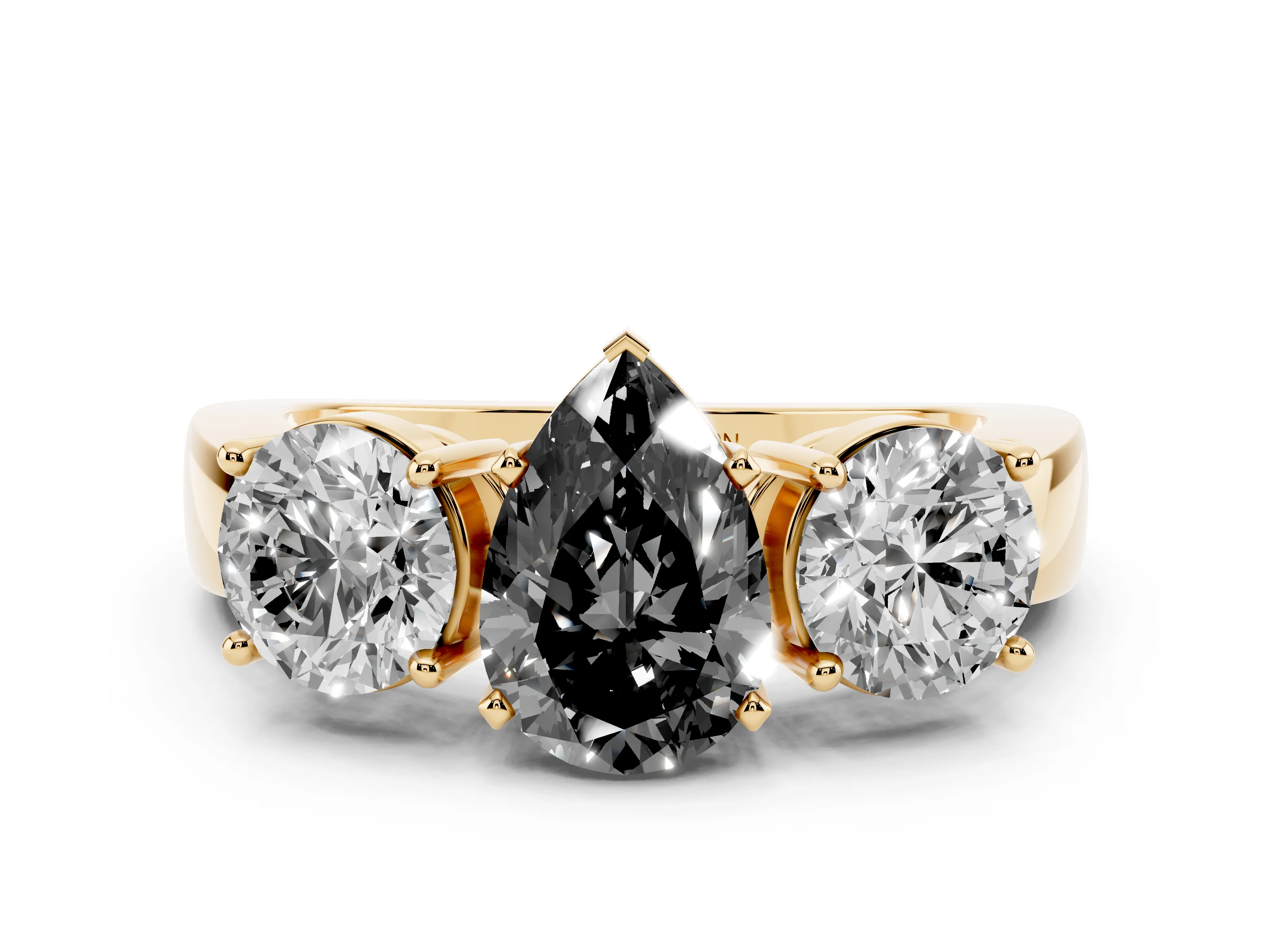 Fancy Black Pear Cut Diamond Three-Stone Ring Set in Yellow gold with Round Side Stones and Classic Band