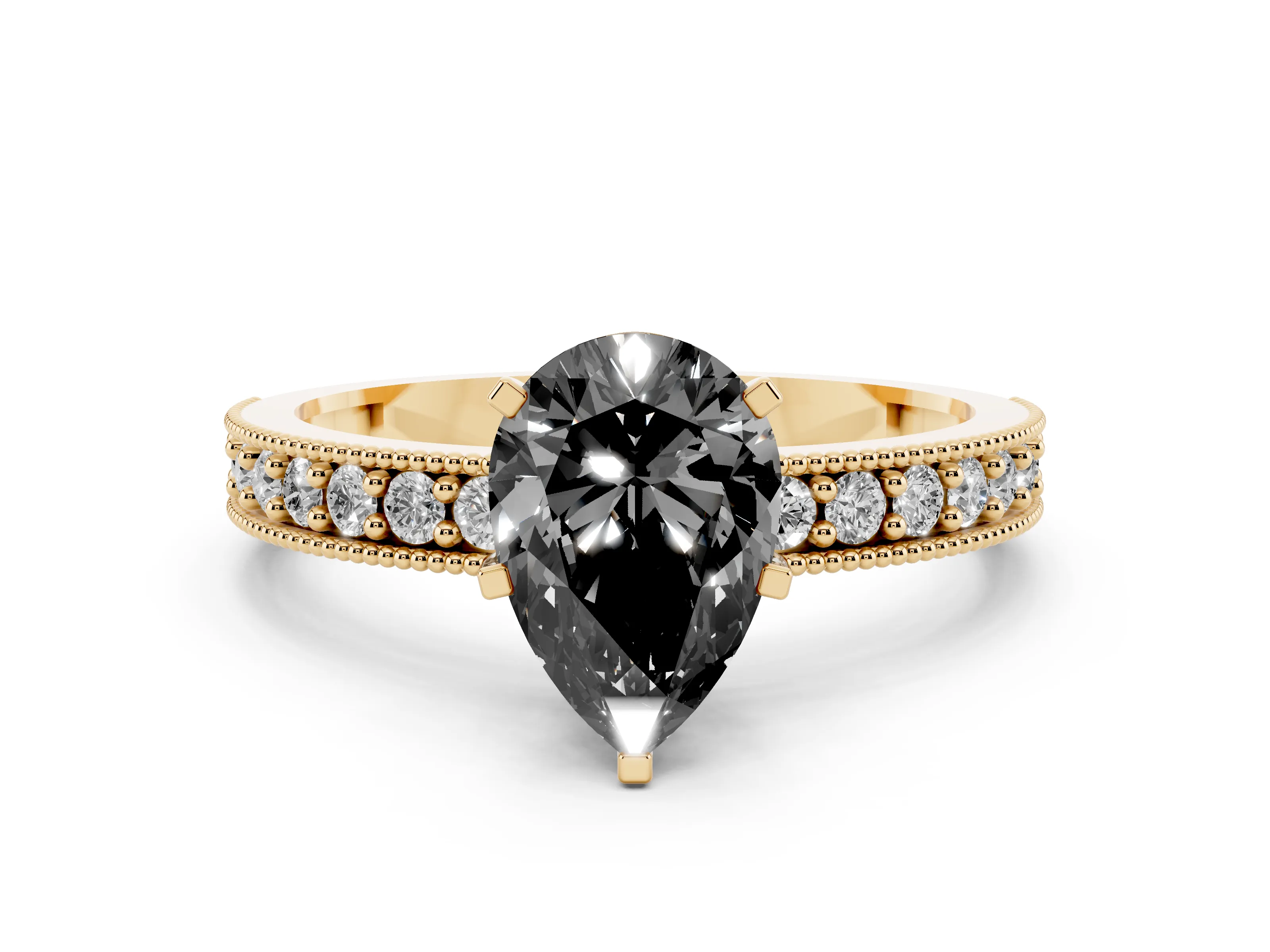 Fancy Black Pear Cut Diamond Milgrain Pavé Engagement Ring Set in Yellow gold with Prong Setting