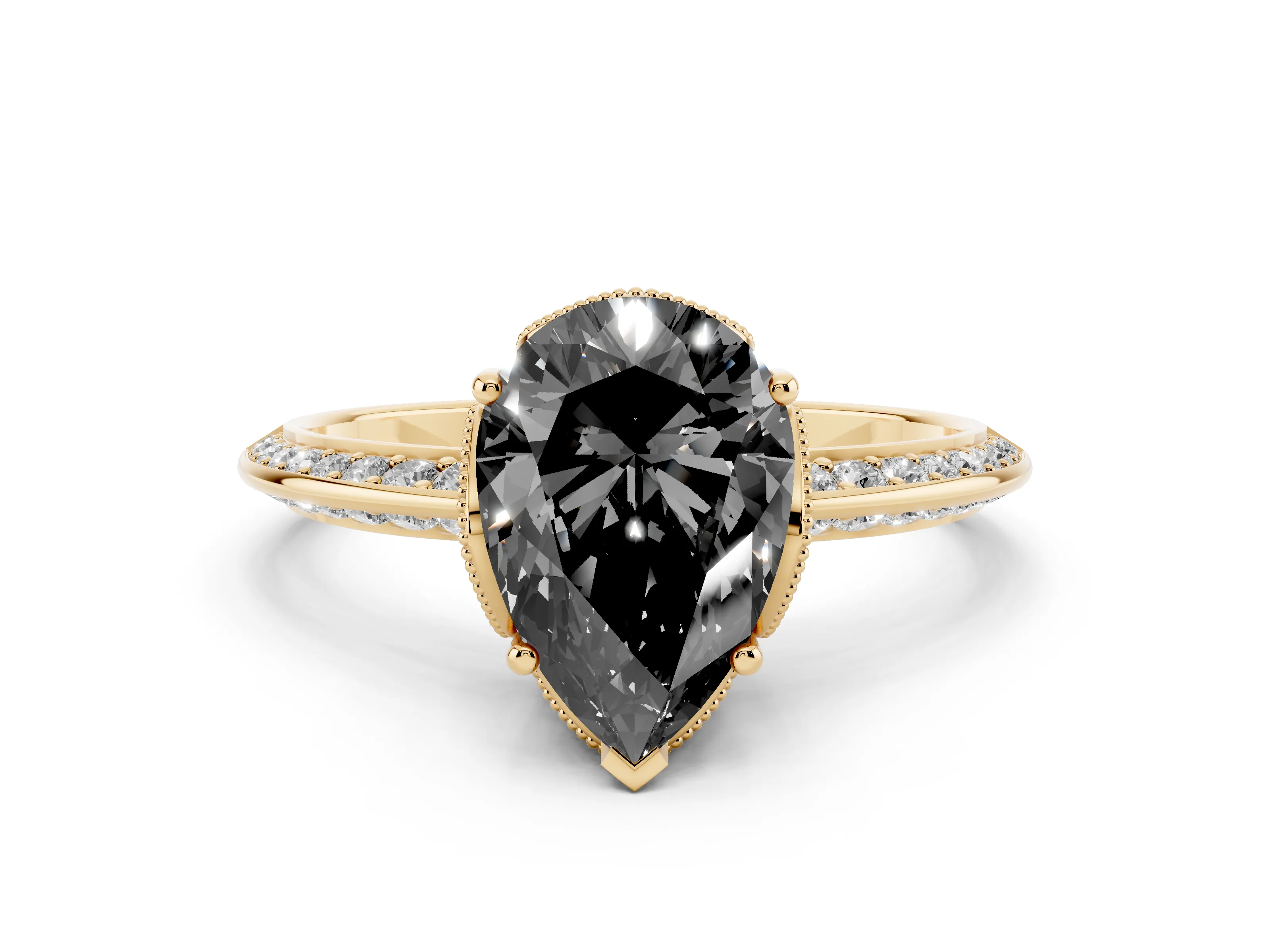 Fancy Black Pear Cut Diamond Solitaire Engagement Ring Set in Yellow gold with Pavé Split Shank and Prong Setting