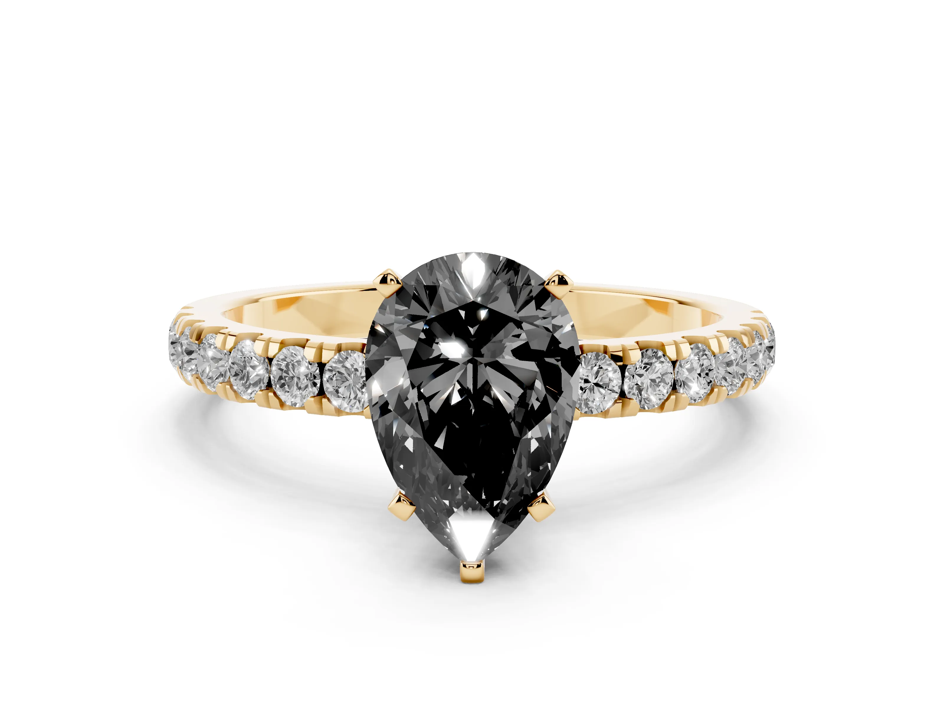 Fancy Black Pear Cut Diamond Solitaire Ring Set in Yellow gold with Pavé Accents and Prong Setting