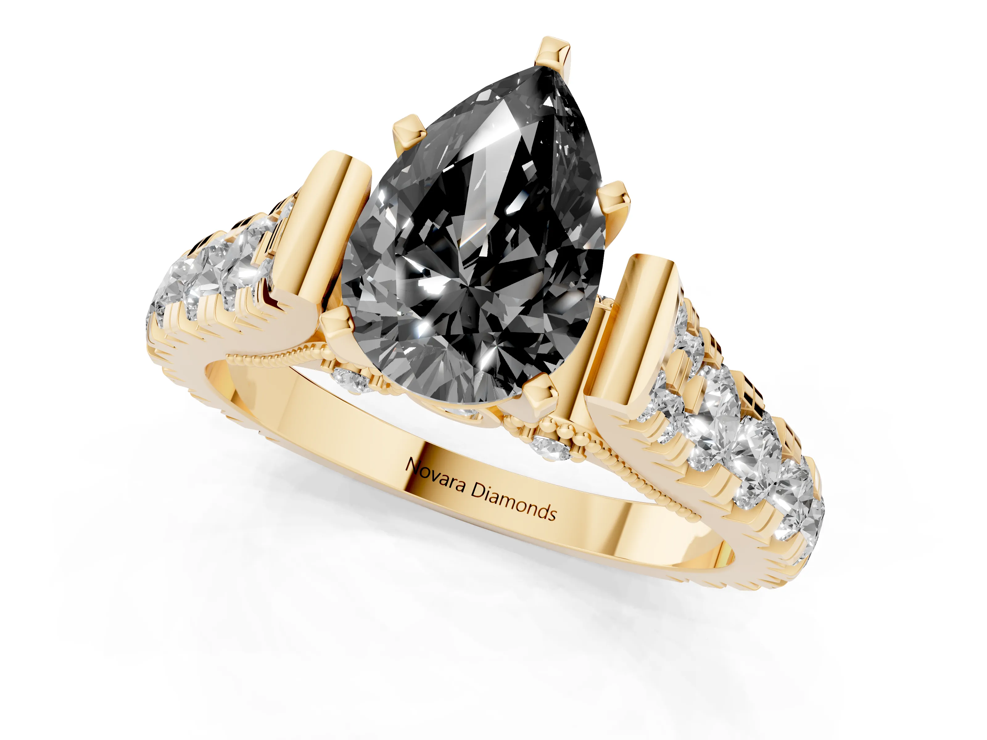 Fancy Black Pear Cut Diamond Classic Solitaire Ring Set in Yellow gold with Pavé Band and Prong Setting