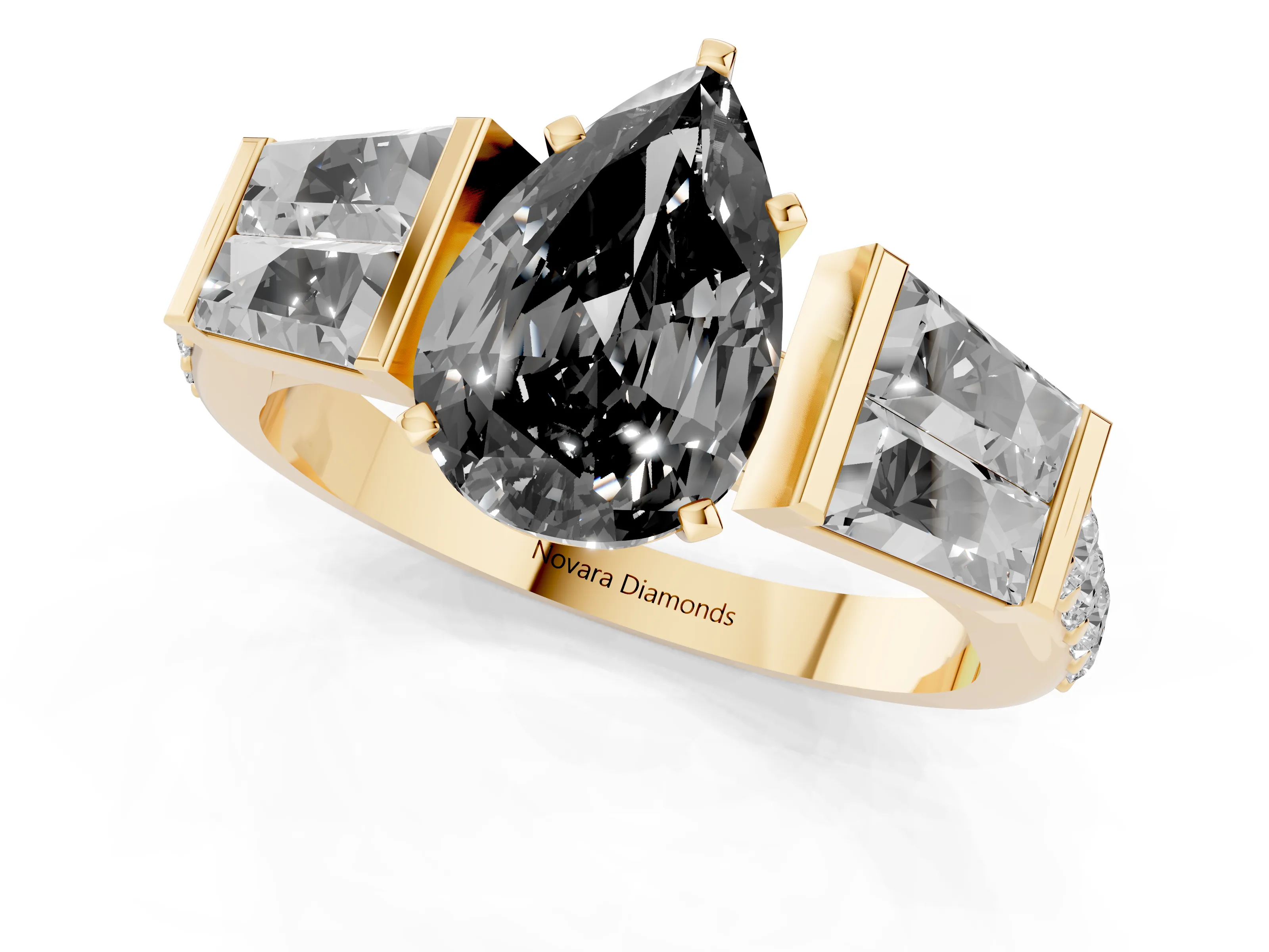 Fancy Black Pear Cut Diamond Engagement Ring Set in Yellow gold with Baguette Side Stones and Channel Set Band