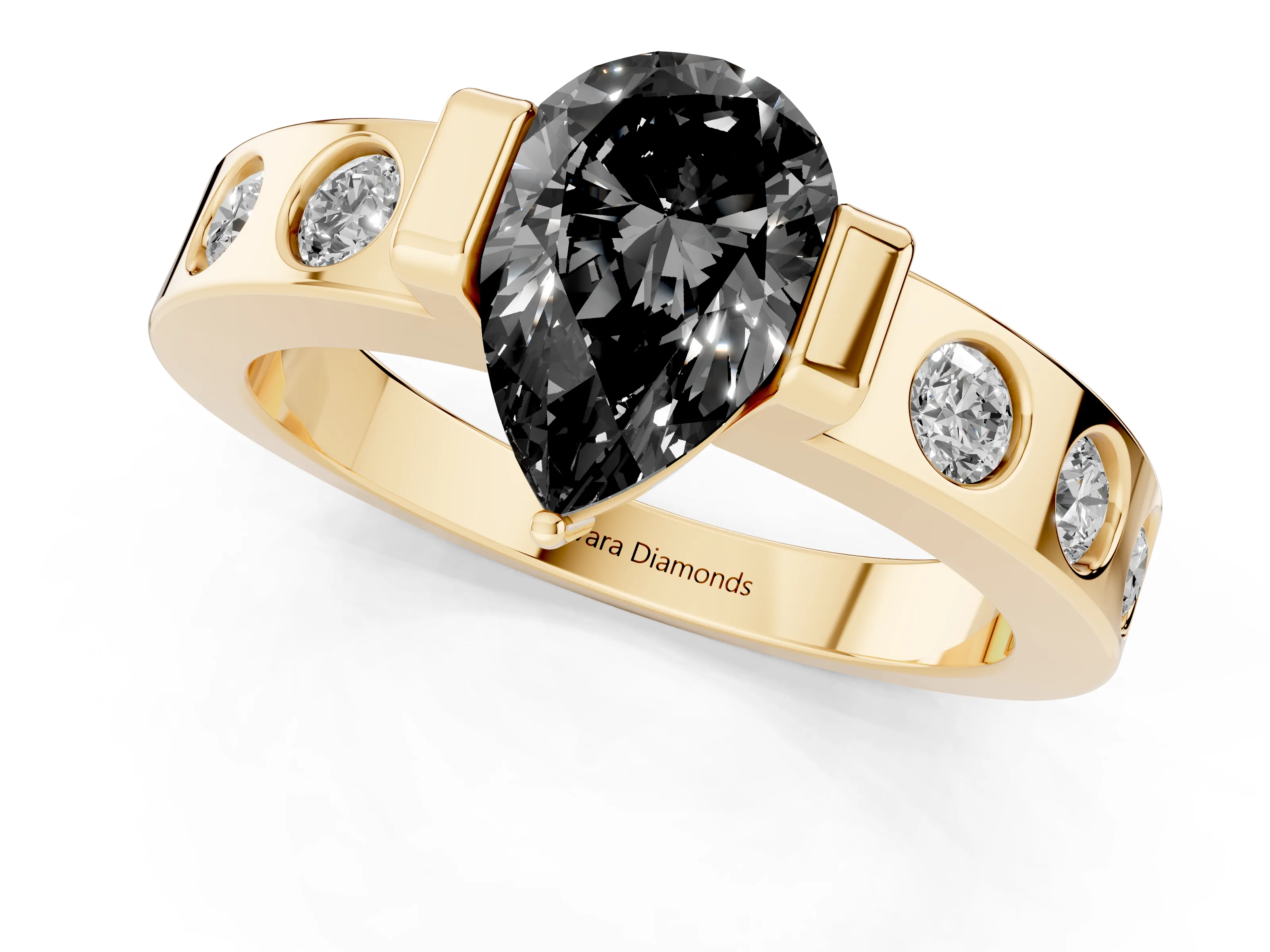Fancy Black Pear Cut Diamond Channel-Set Band Ring Set in Yellow gold with Bezel Prong Setting