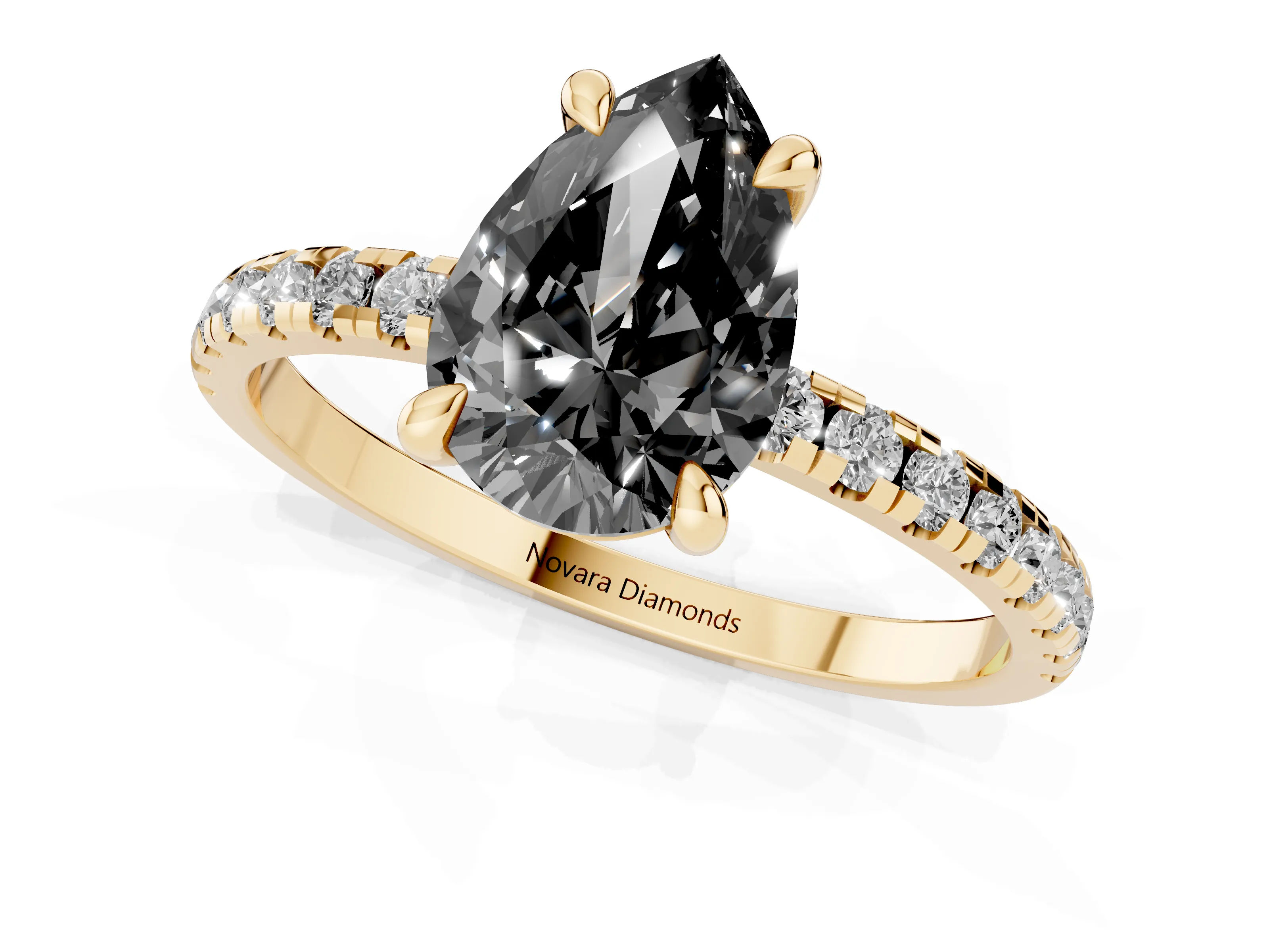 Fancy Black Pear Cut Diamond Brilliant Solitaire Ring Set in Yellow gold with Pavé Band and Prong Setting