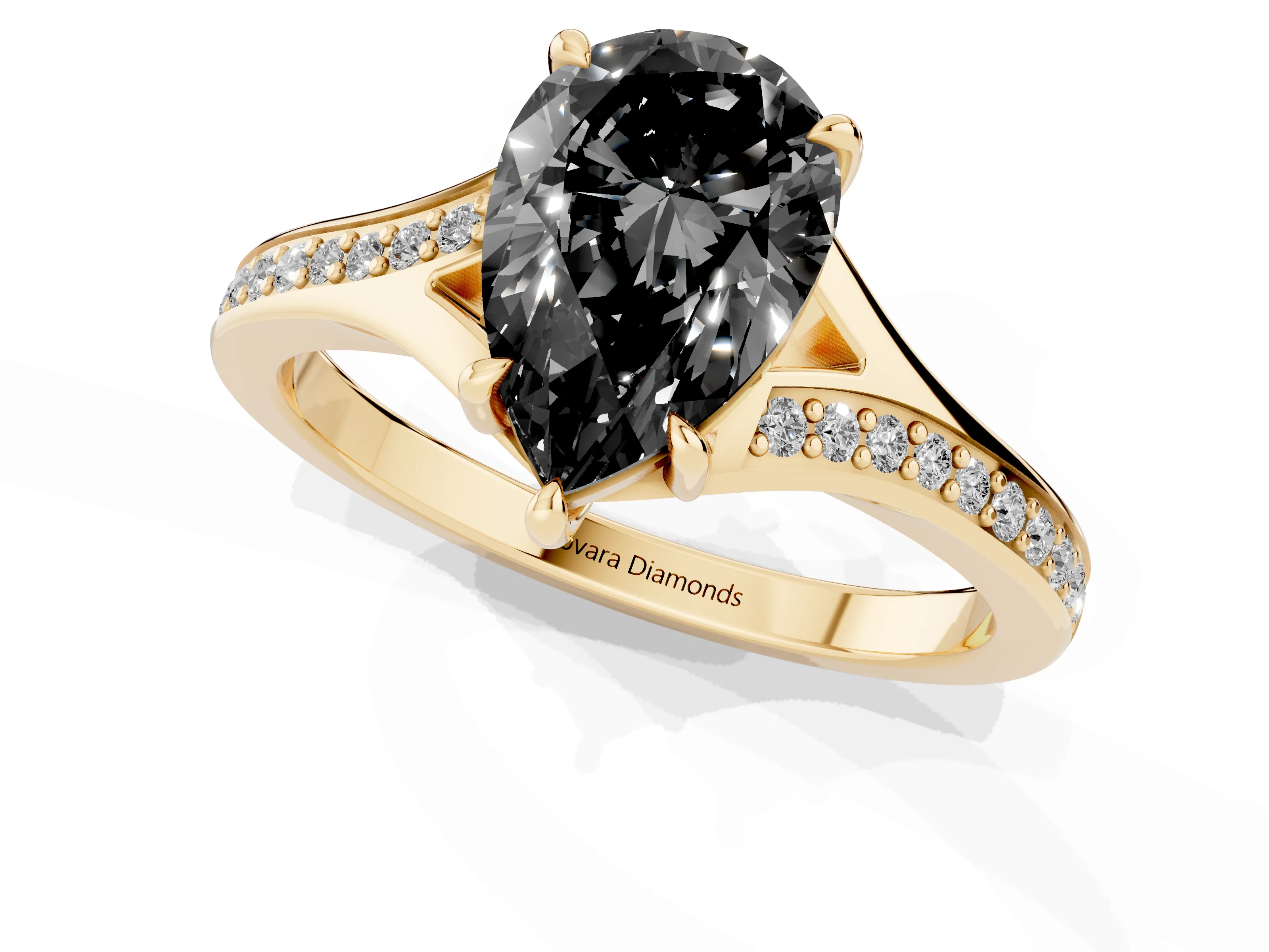 Fancy Black Pear Cut Diamond Solitaire Ring Set in Yellow gold with Pavé Accent Band and Classic Prong Setting