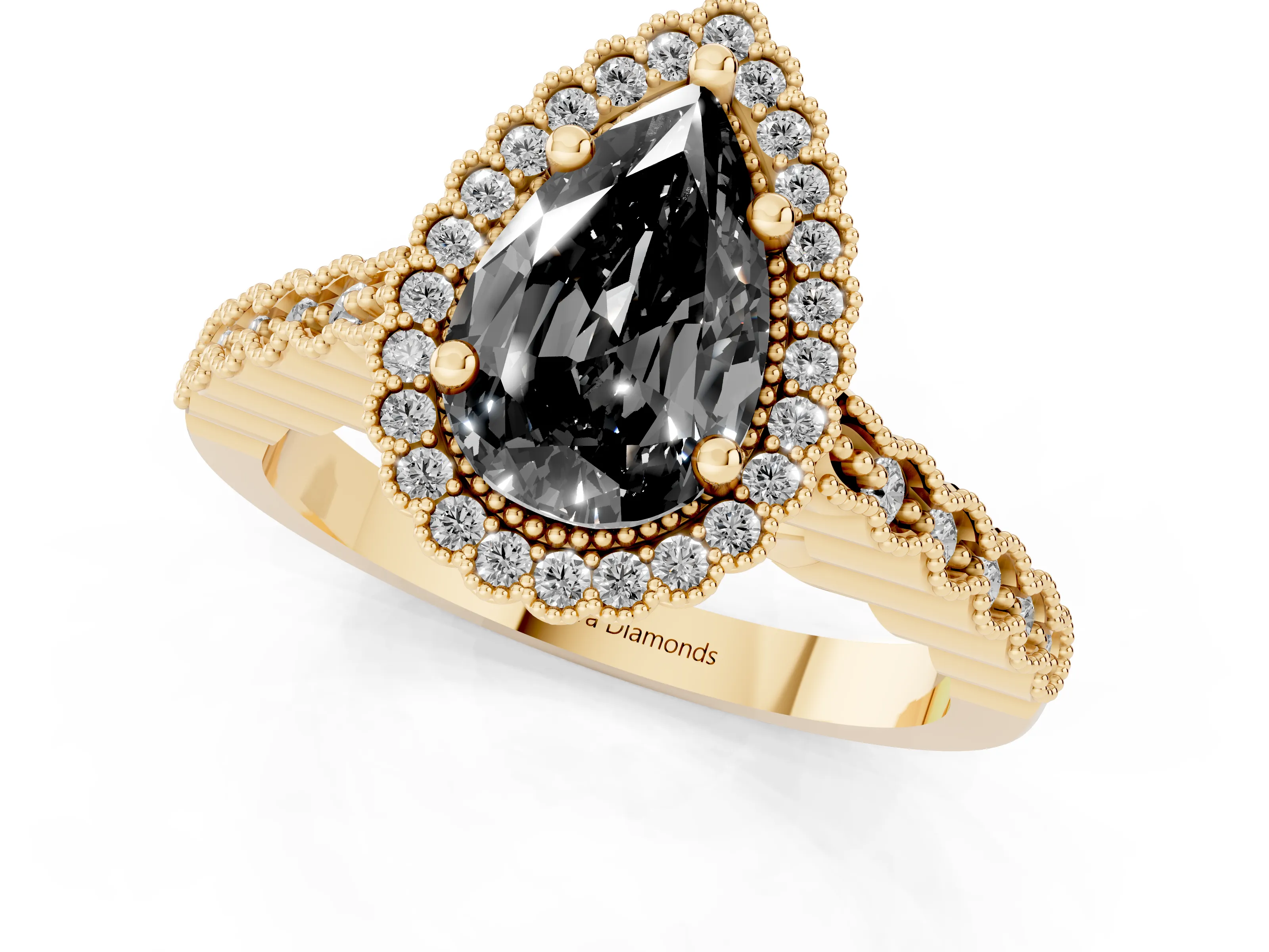 Fancy Black Pear Cut Diamond Halo Ring Set in Yellow gold with Pavé Milgrain Band