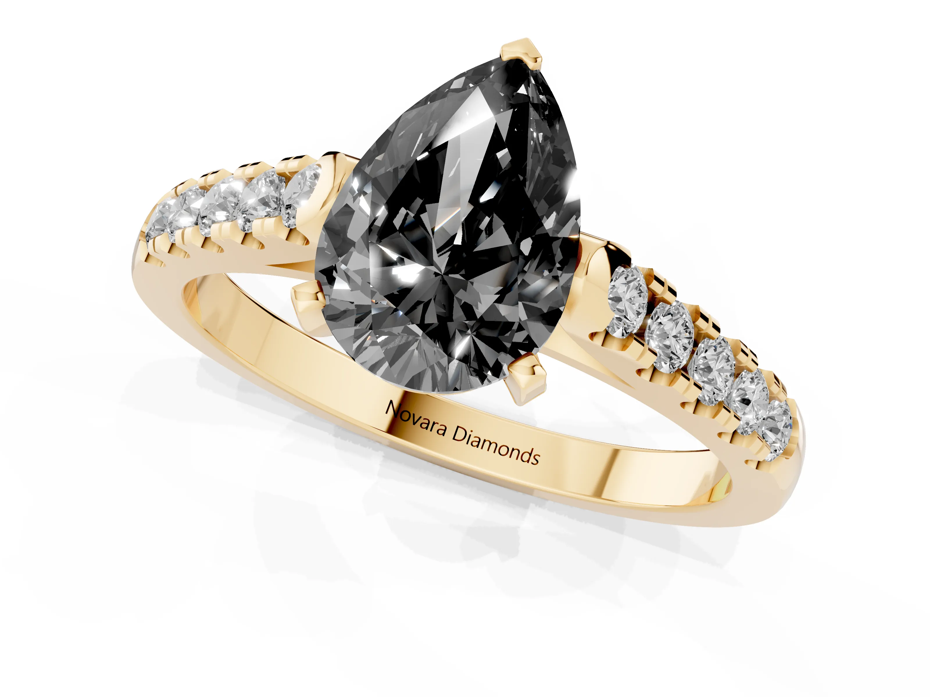 Fancy Black Pear Cut Diamond Pavé Band Solitaire Ring Set in Yellow gold with Partway Accent Stones and Prong Setting
