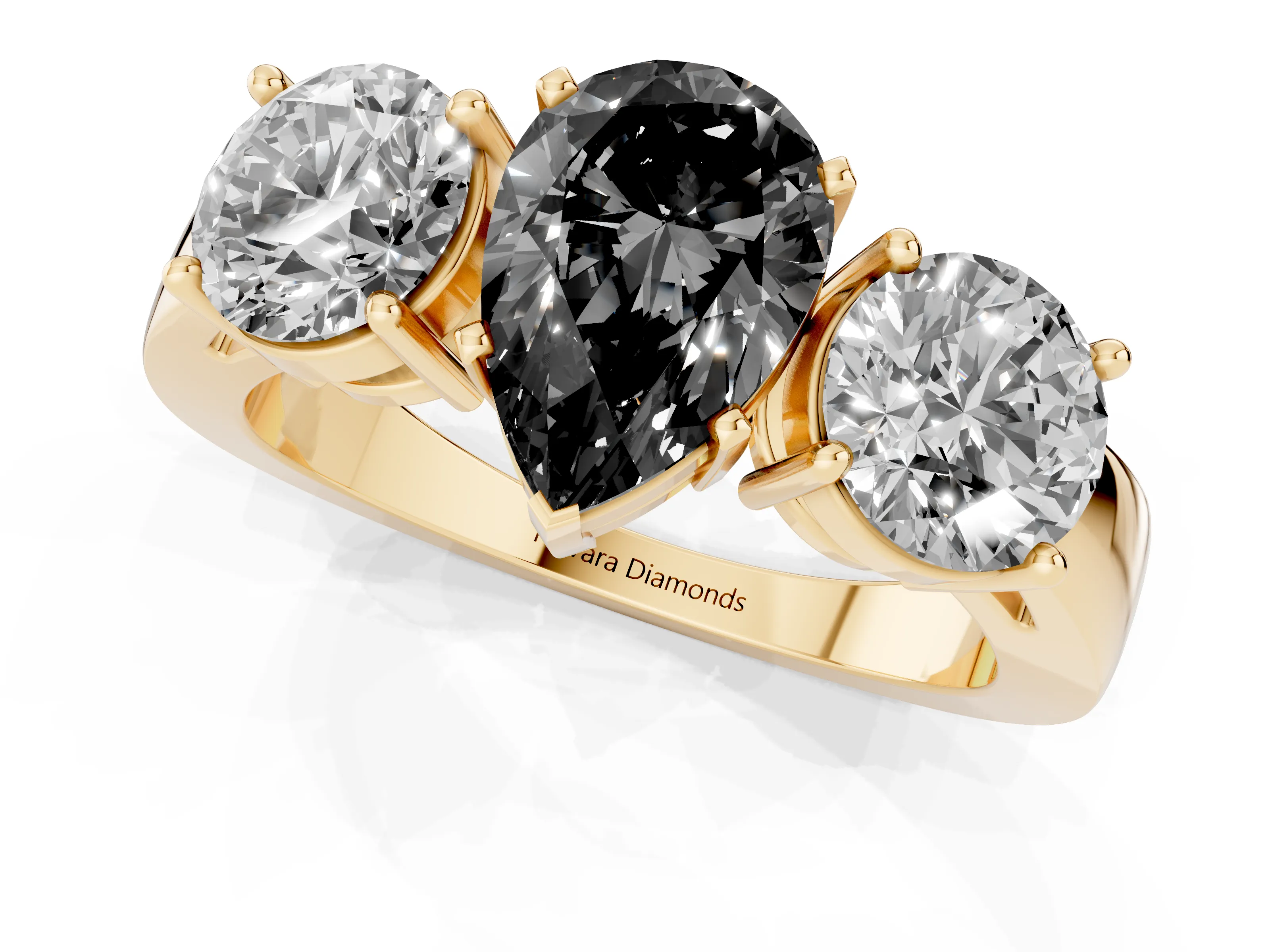 Fancy Black Pear Cut Diamond Three-Stone Ring Set in Yellow gold with Round Side Stones and Classic Band