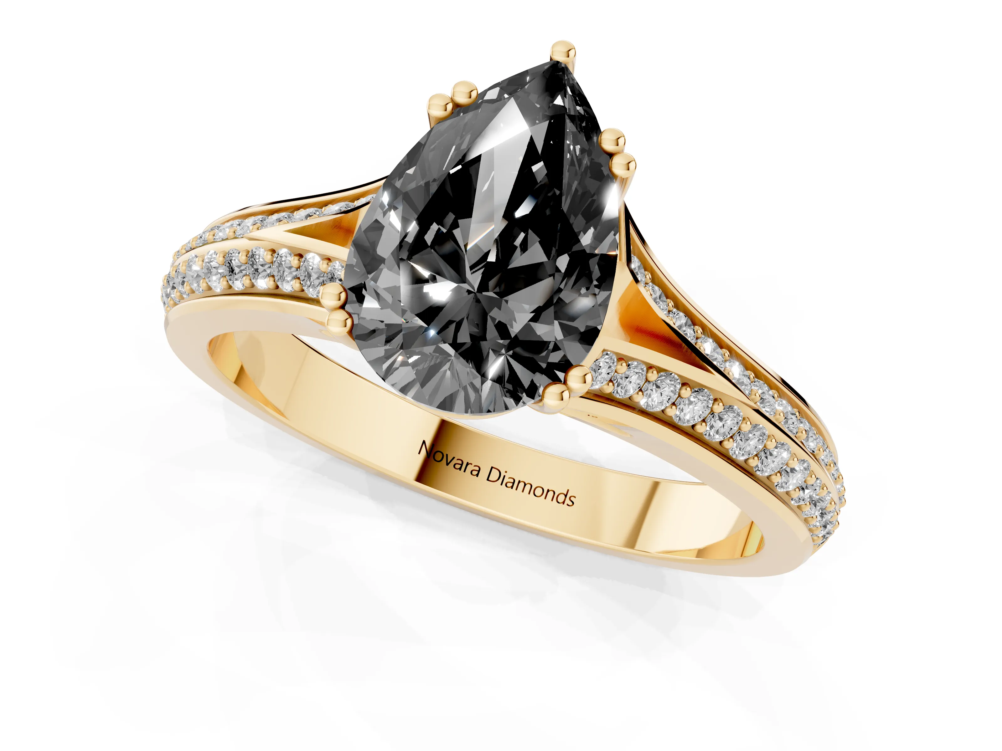 Fancy Black Pear Cut Diamond Split Shank Pavé Engagement Ring Set in Yellow gold with Prong-Set Center Stone