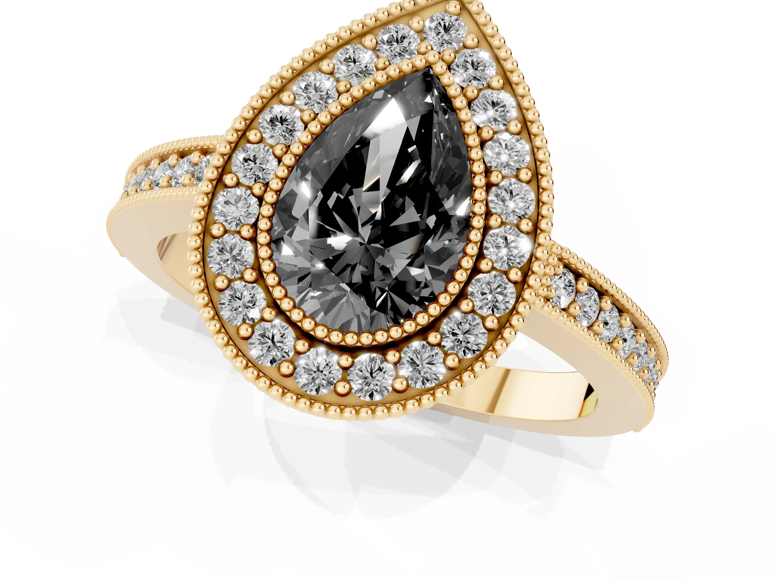 Fancy Black Pear Cut Diamond Halo Engagement Ring Set in Yellow gold with Pavé Band and Round Halo Stones