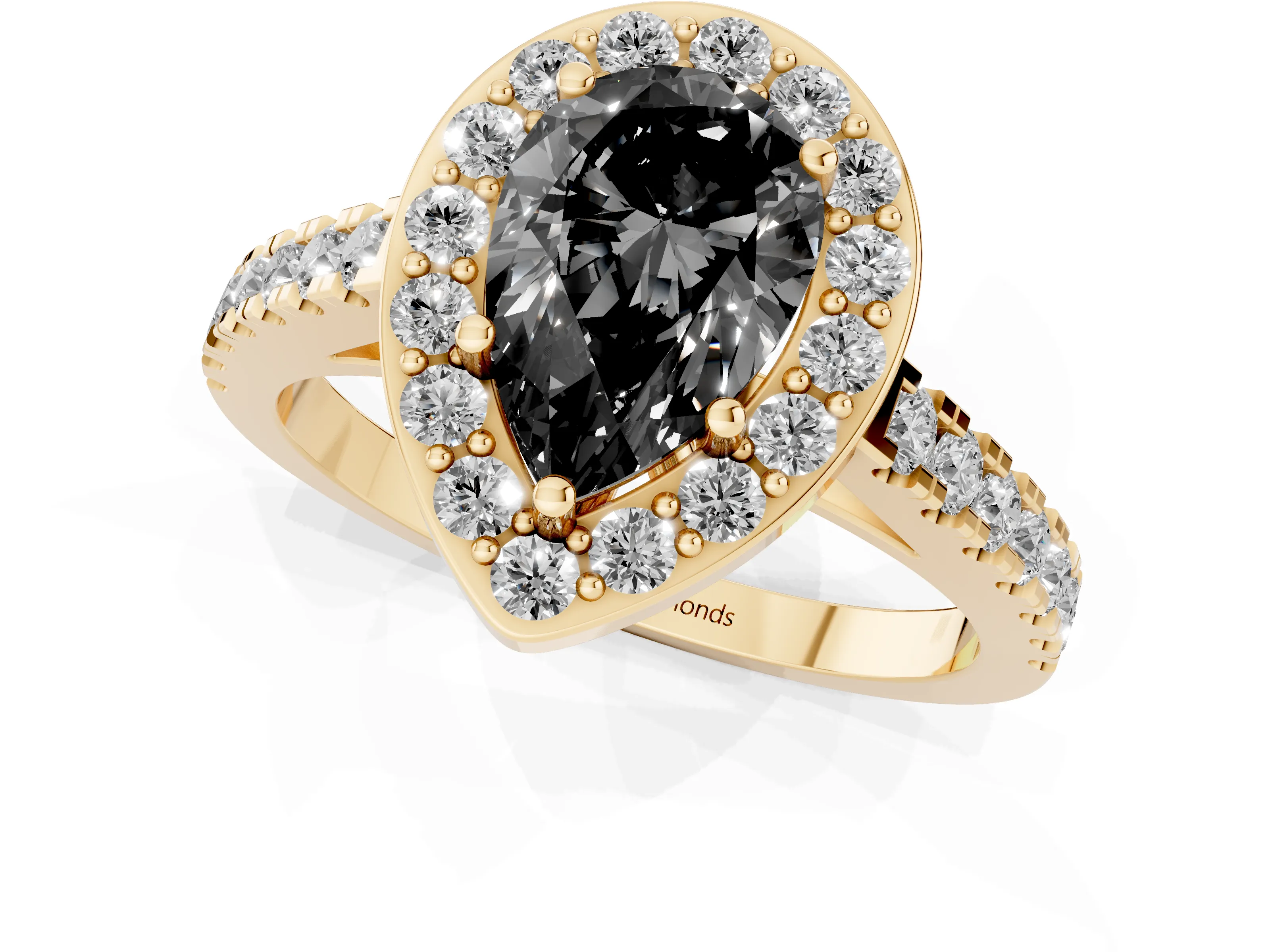 Fancy Black Pear Cut Diamond Halo Ring Set in Yellow gold with Round Pavé Split Shank and Prong Setting
