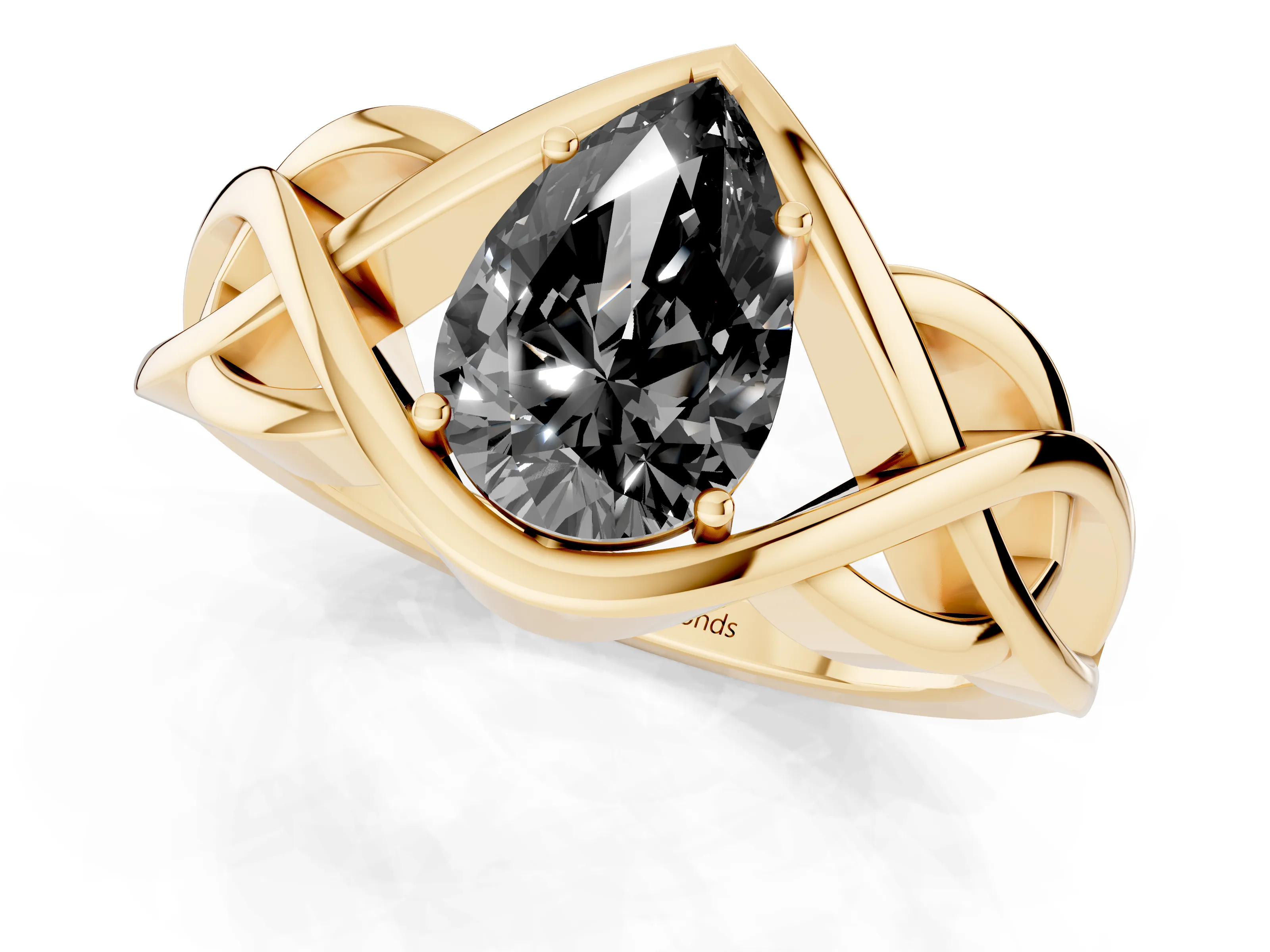 Fancy Black Pear Cut Diamond Solitaire Ring Set in Yellow gold with Intertwined Band