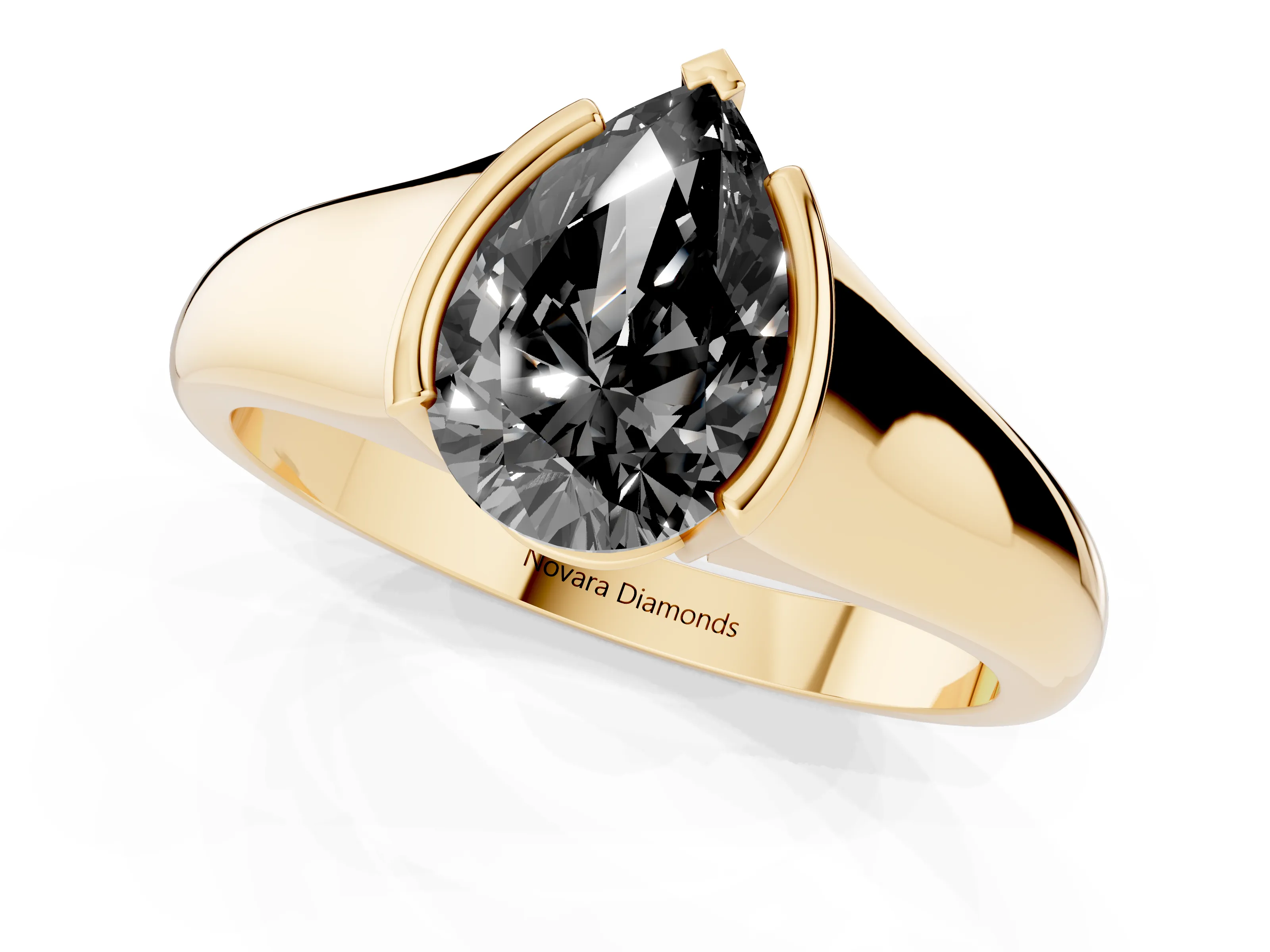 Fancy Black Pear Cut Diamond Solitaire Tension Set Ring Set in Yellow gold with Split Shank Band