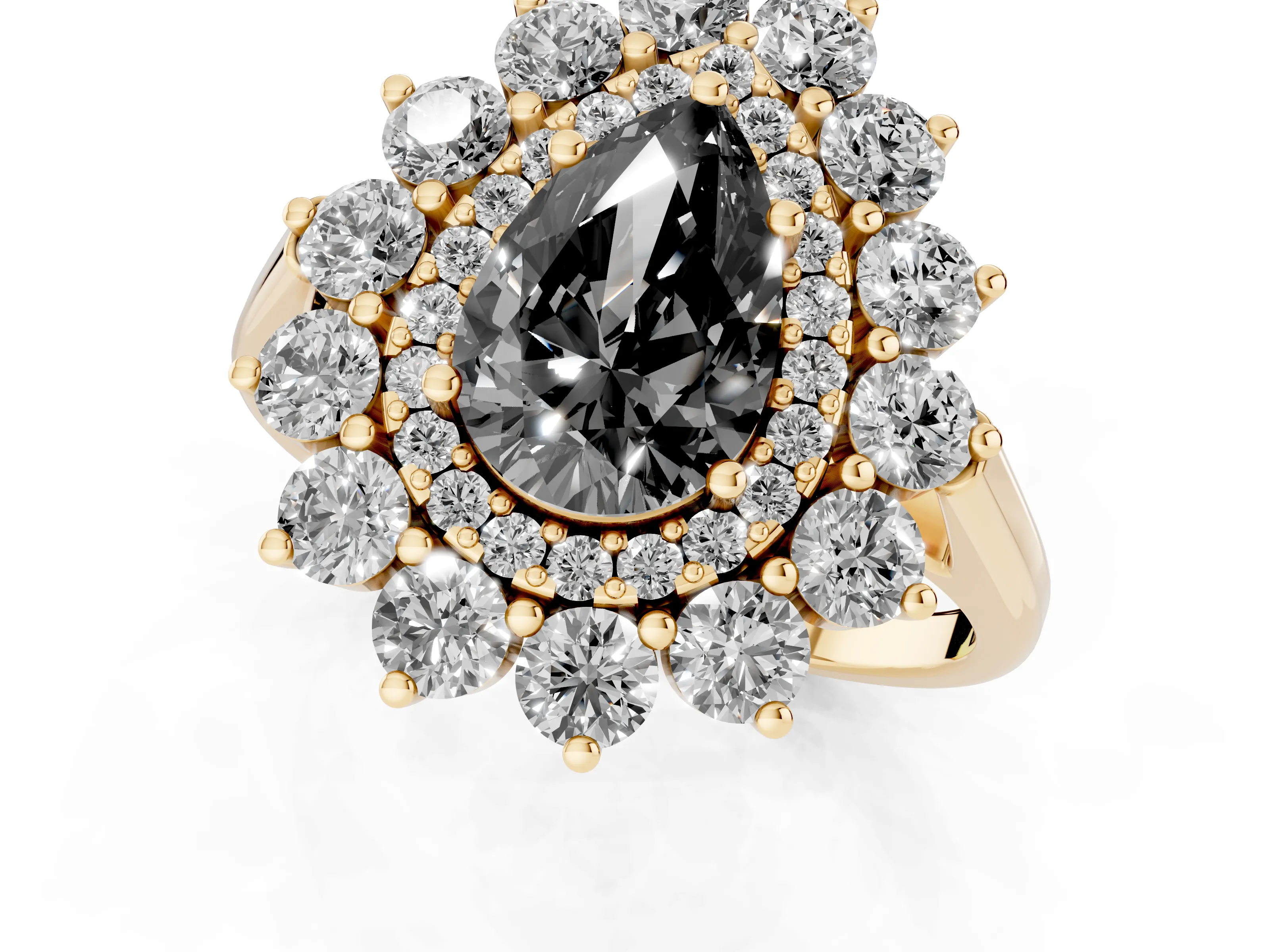 Fancy Black Pear Cut Diamond Floral Double Halo Ring Set in Yellow gold with Round Petals