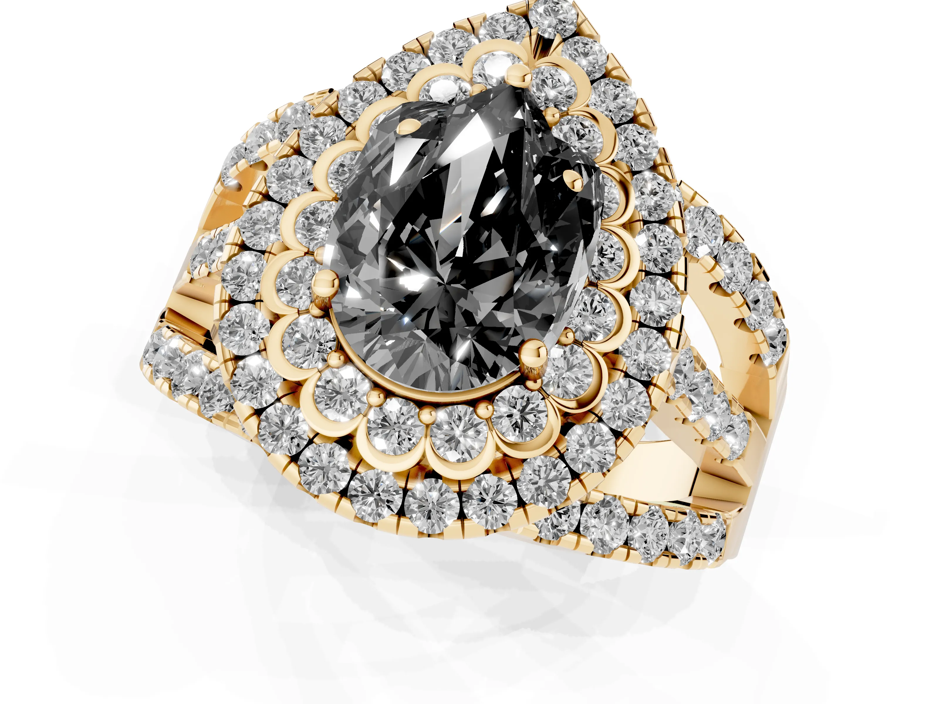 Fancy Black Pear Cut Diamond Double Halo Ring Set in Yellow gold with Round Pavé Split Shank