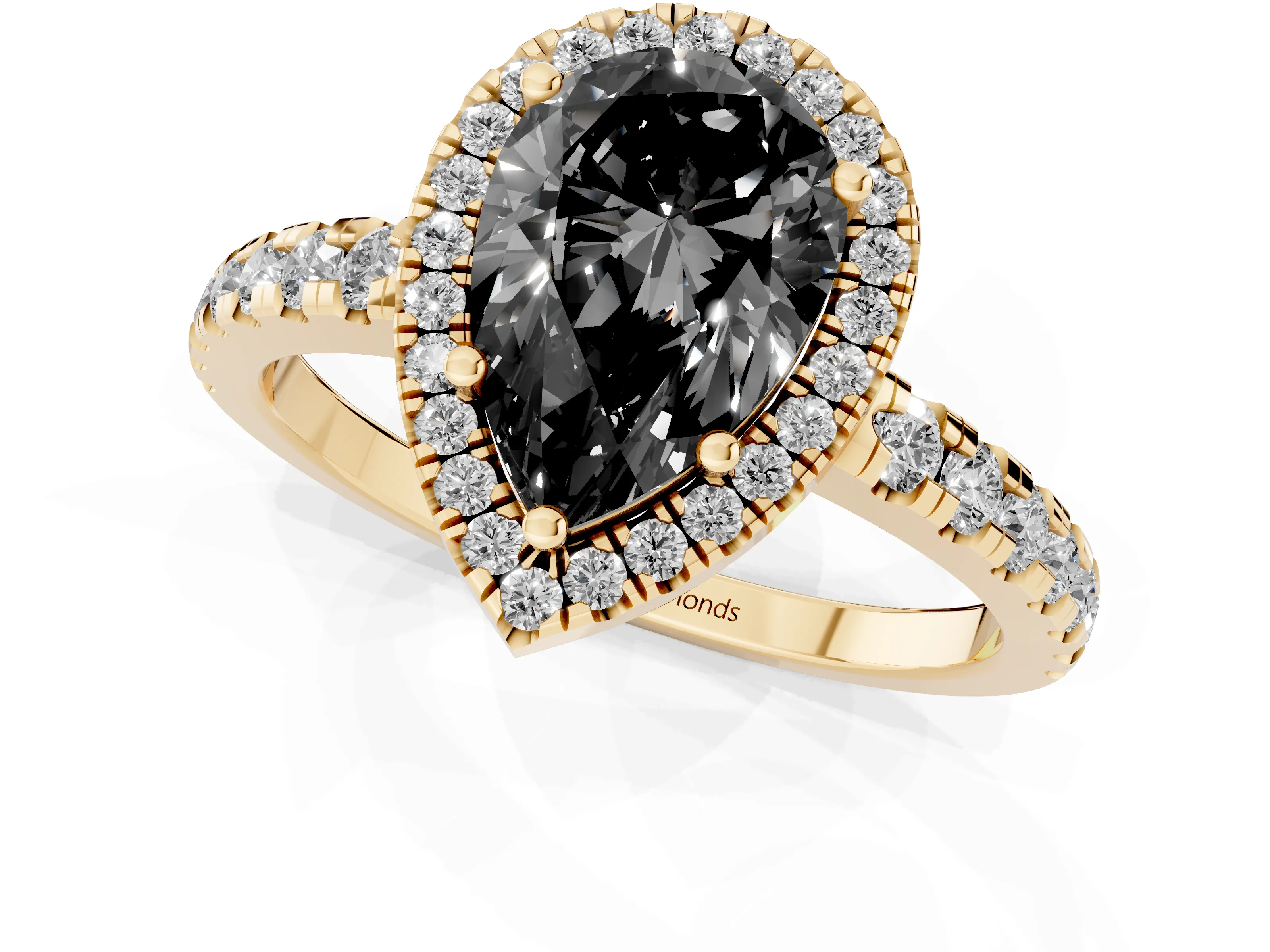 Fancy Black Pear Cut Diamond Halo Ring Set in Yellow gold with Delicate Pavé Band and Prong Setting