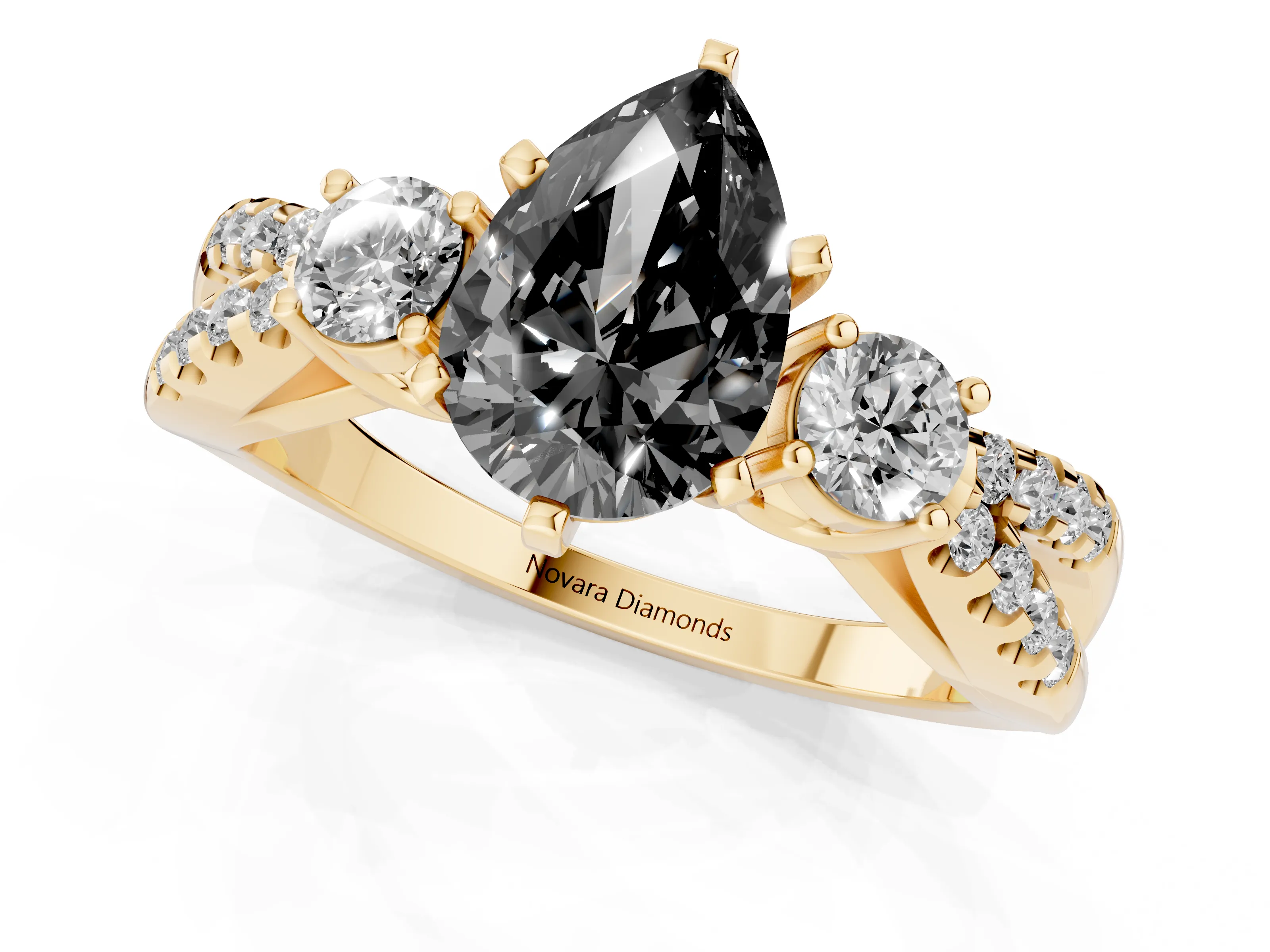 Fancy Black Pear Cut Diamond Three-Stone Ring Set in Yellow gold with Pavé Split Shank and Prong Setting
