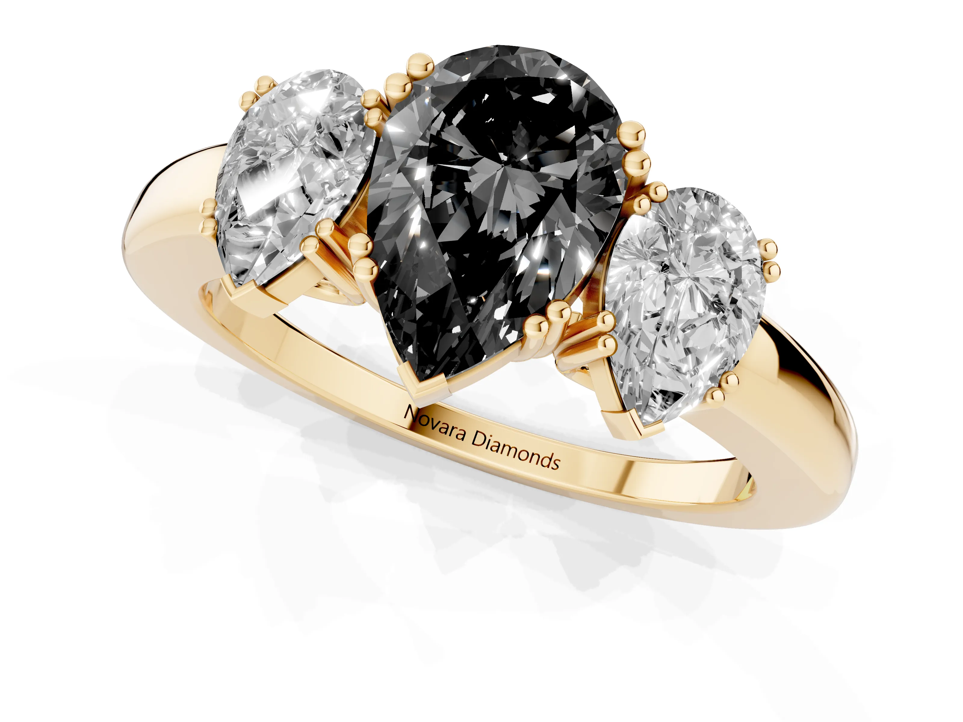 Fancy Black Pear Cut Diamond Three-Stone Ring Set in Yellow gold with Polished Channel-Set Band