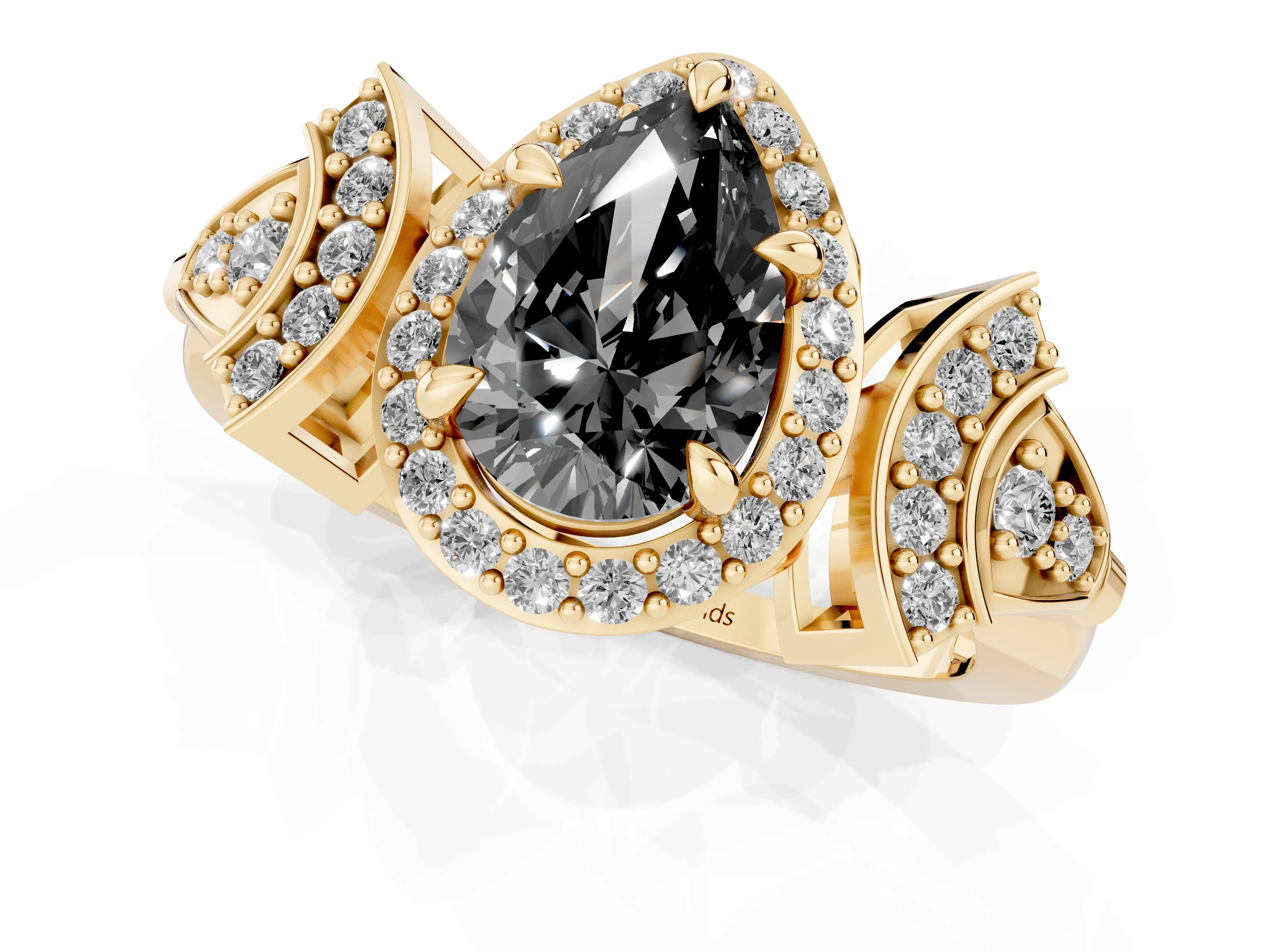 Fancy Black Pear Cut Diamond Halo Engagement Ring Set in Yellow gold with Accent Stone Split Shank