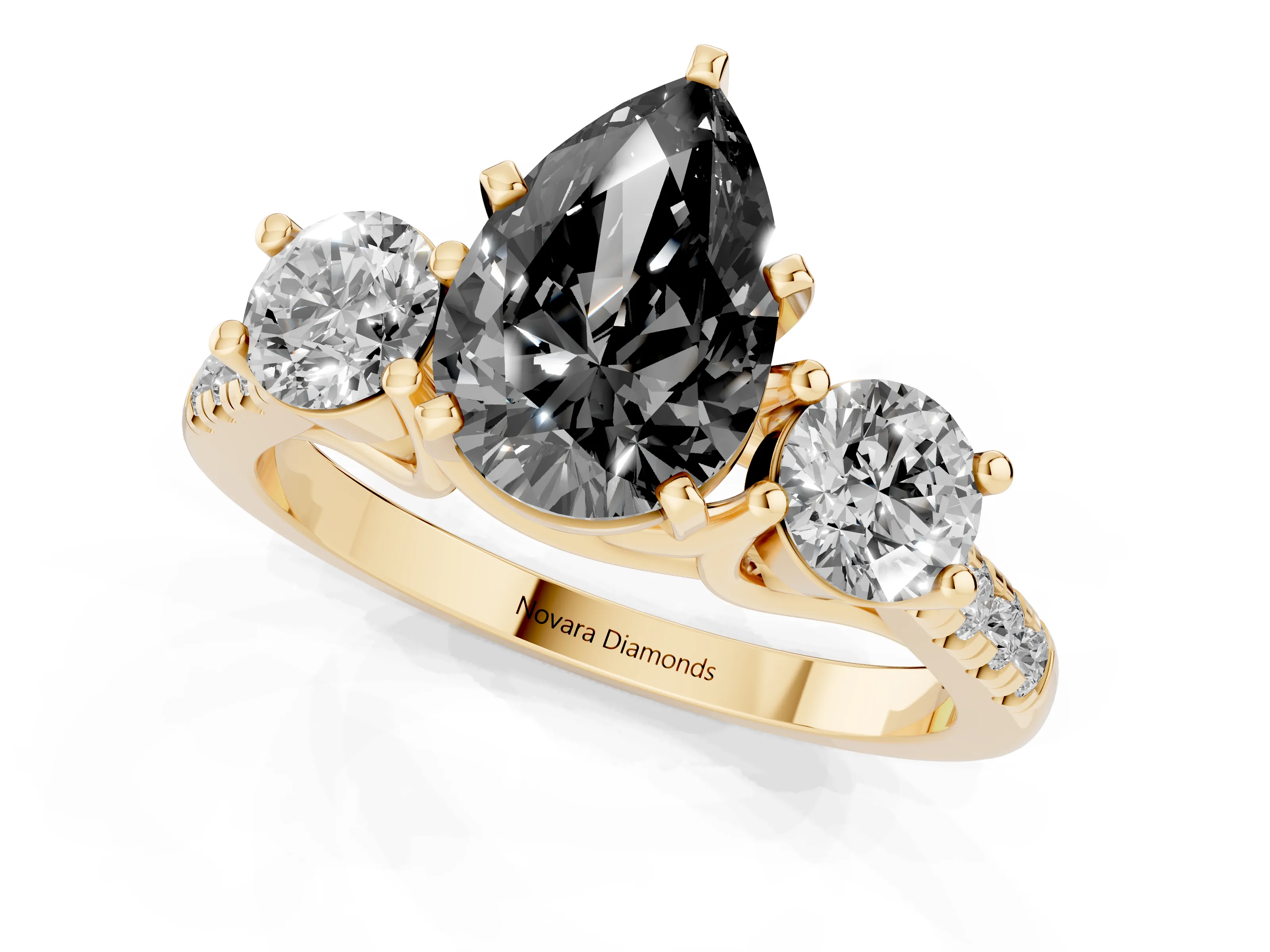 Fancy Black Three-Stone Pear Cut Diamond Pavé Band Ring Set in Yellow gold with Prong-Set Trio
