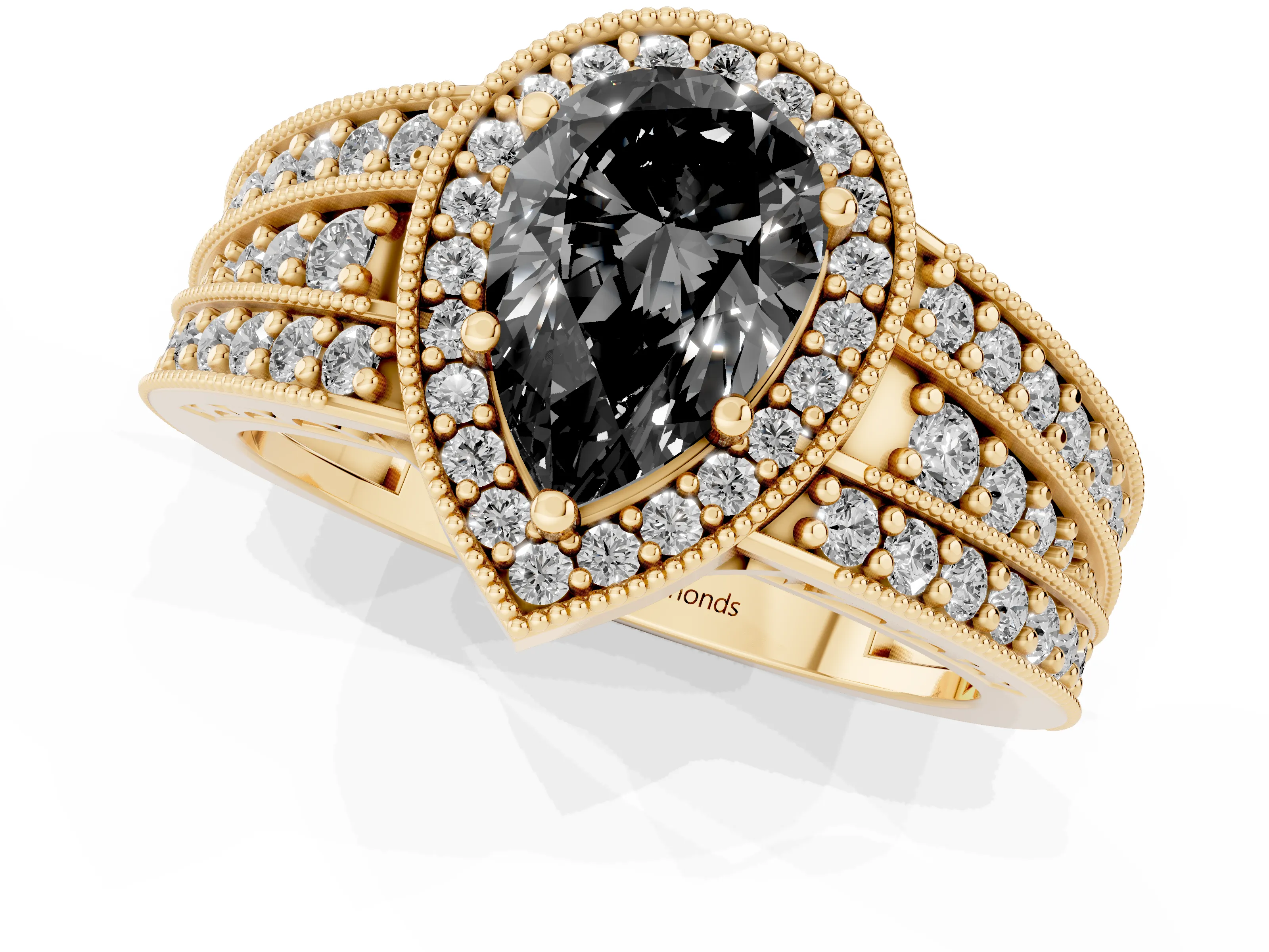 Fancy Black Pear Cut Diamond Halo Ring Set in Yellow gold with Accent Split Shank and Prong Setting