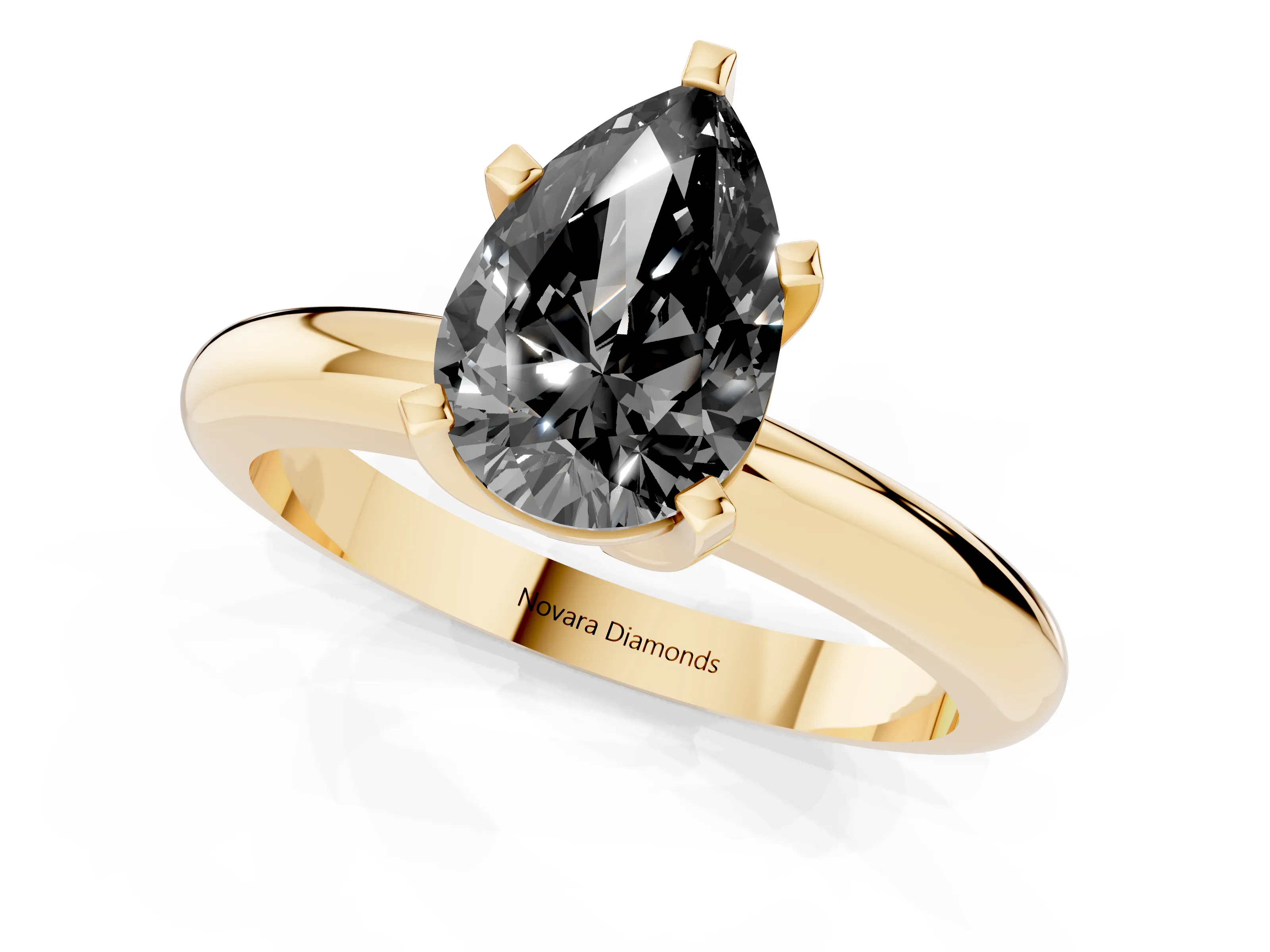 Fancy Black Pear Cut Diamond Solitaire Engagement Ring Set in Yellow gold with Round Band and Prong Setting