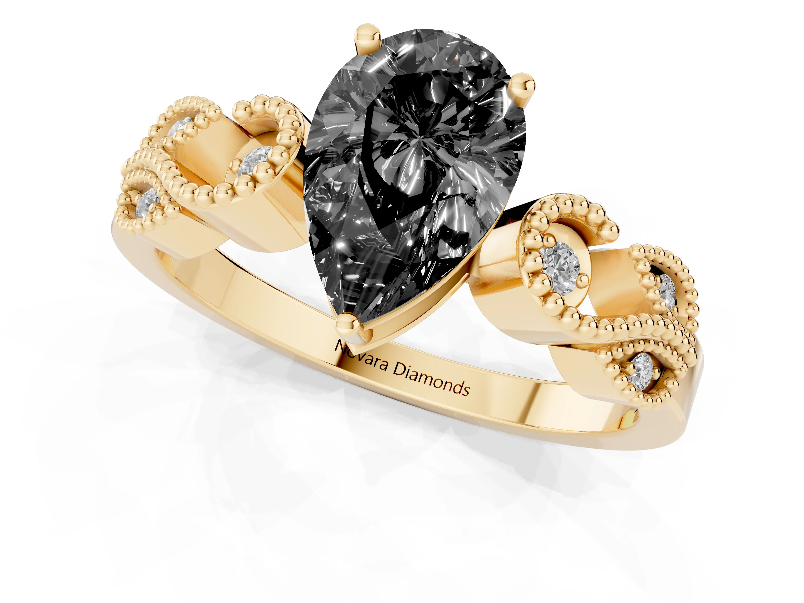 Fancy Black Pear Cut Diamond Milgrain Leaf Band Solitaire Ring Set in Yellow gold with Accent Stones and Prong Setting