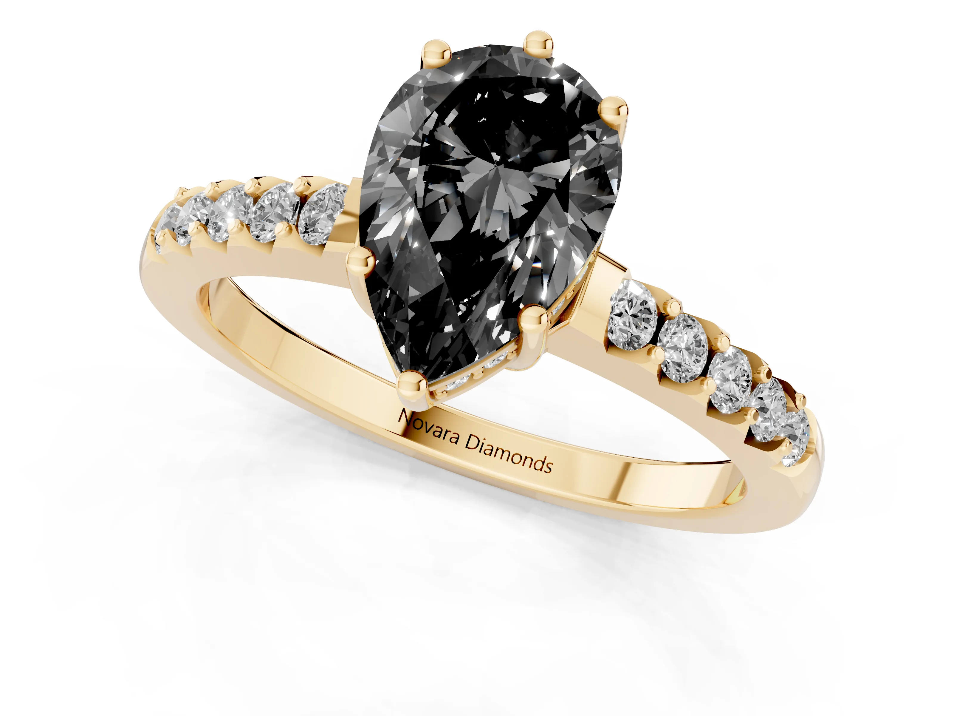 Fancy Black Pear Cut Diamond Solitaire Engagement Ring Set in Yellow gold with Pavé Band and Prong Setting