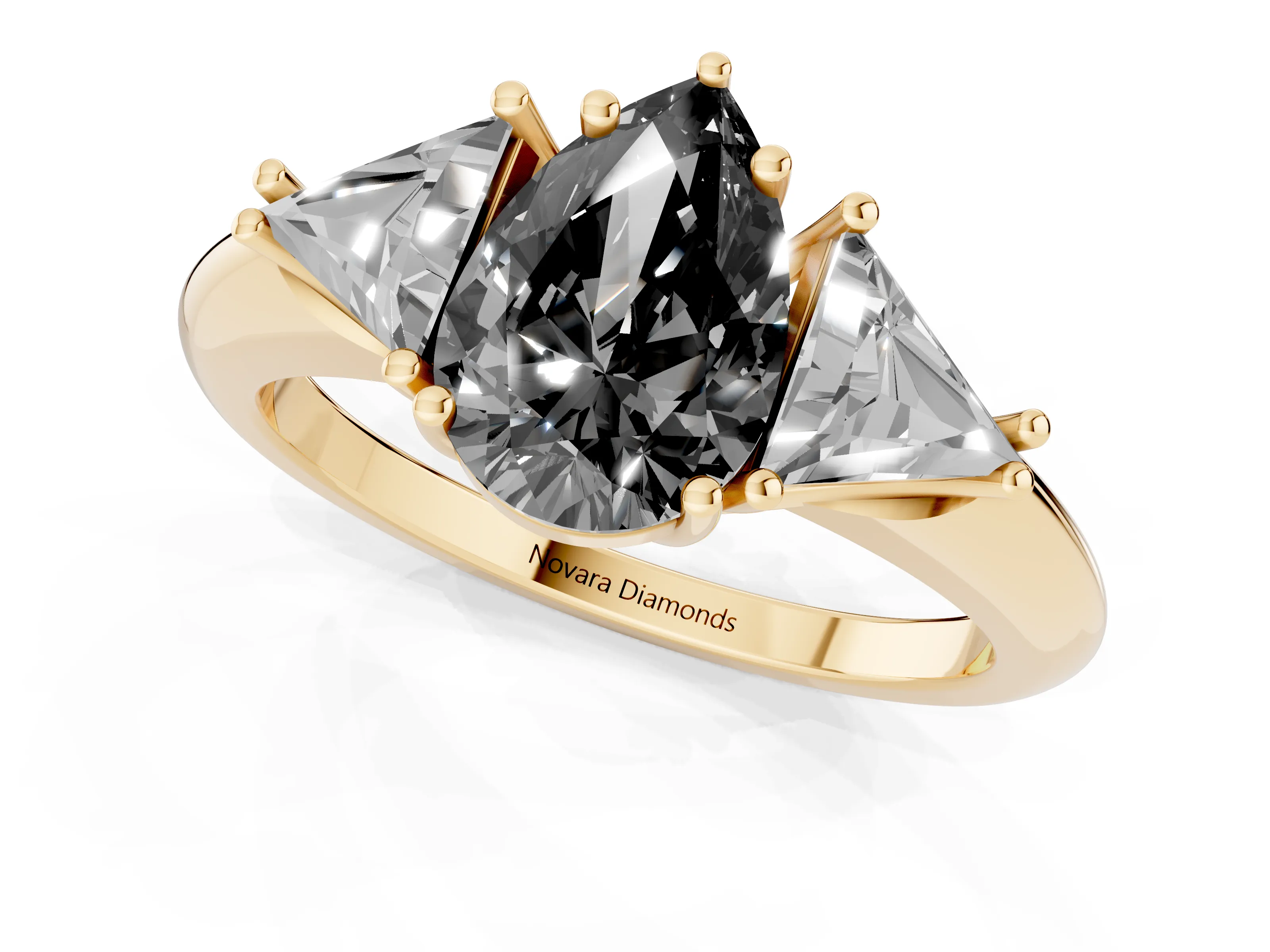 Fancy Black Pear Cut Diamond Three-Stone Engagement Ring Set in Yellow gold with Trillion Side Stones