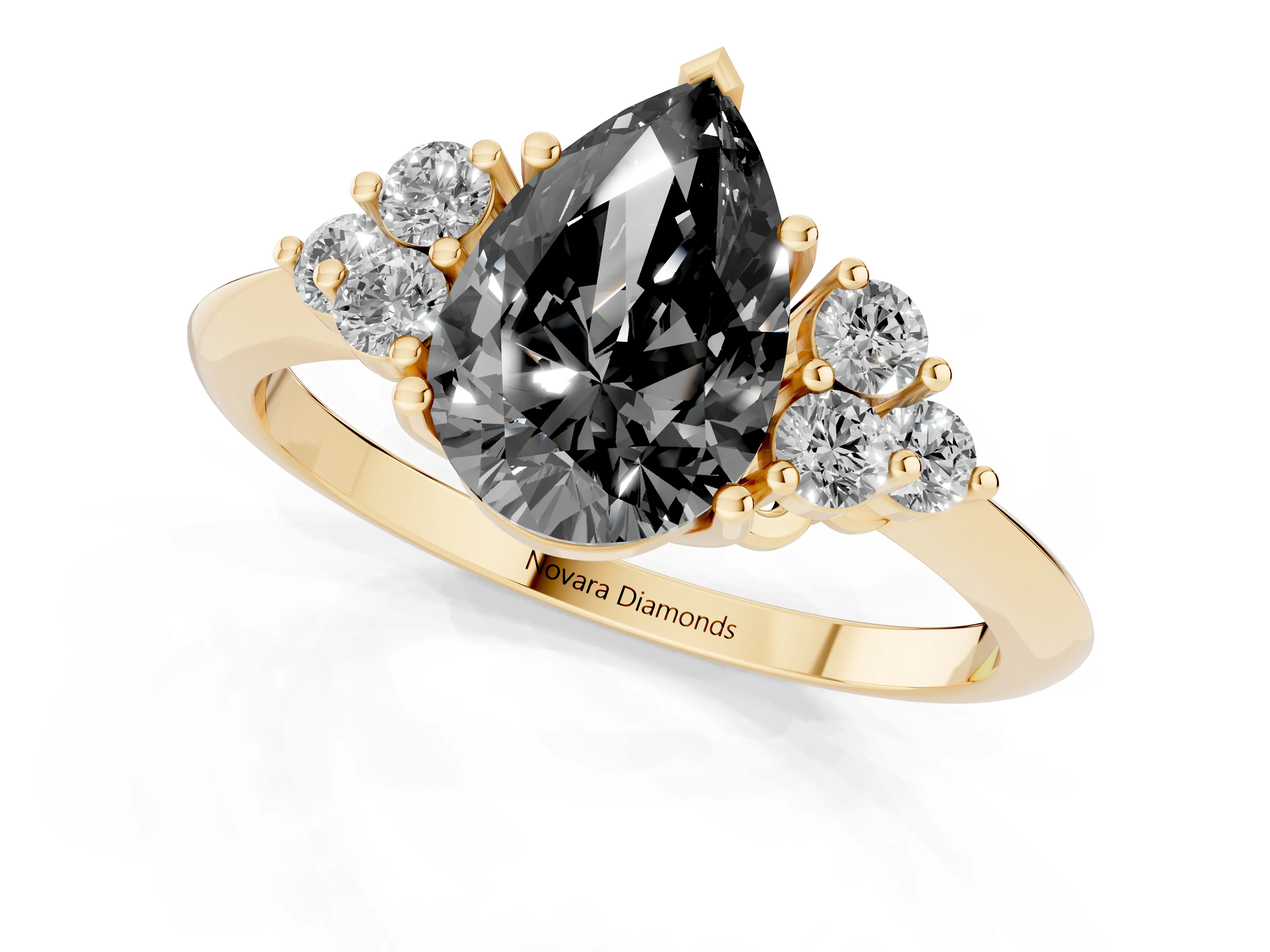 Fancy Black Pear Cut Diamond Cluster Ring Set in Yellow gold with Plain Band and Prong Setting
