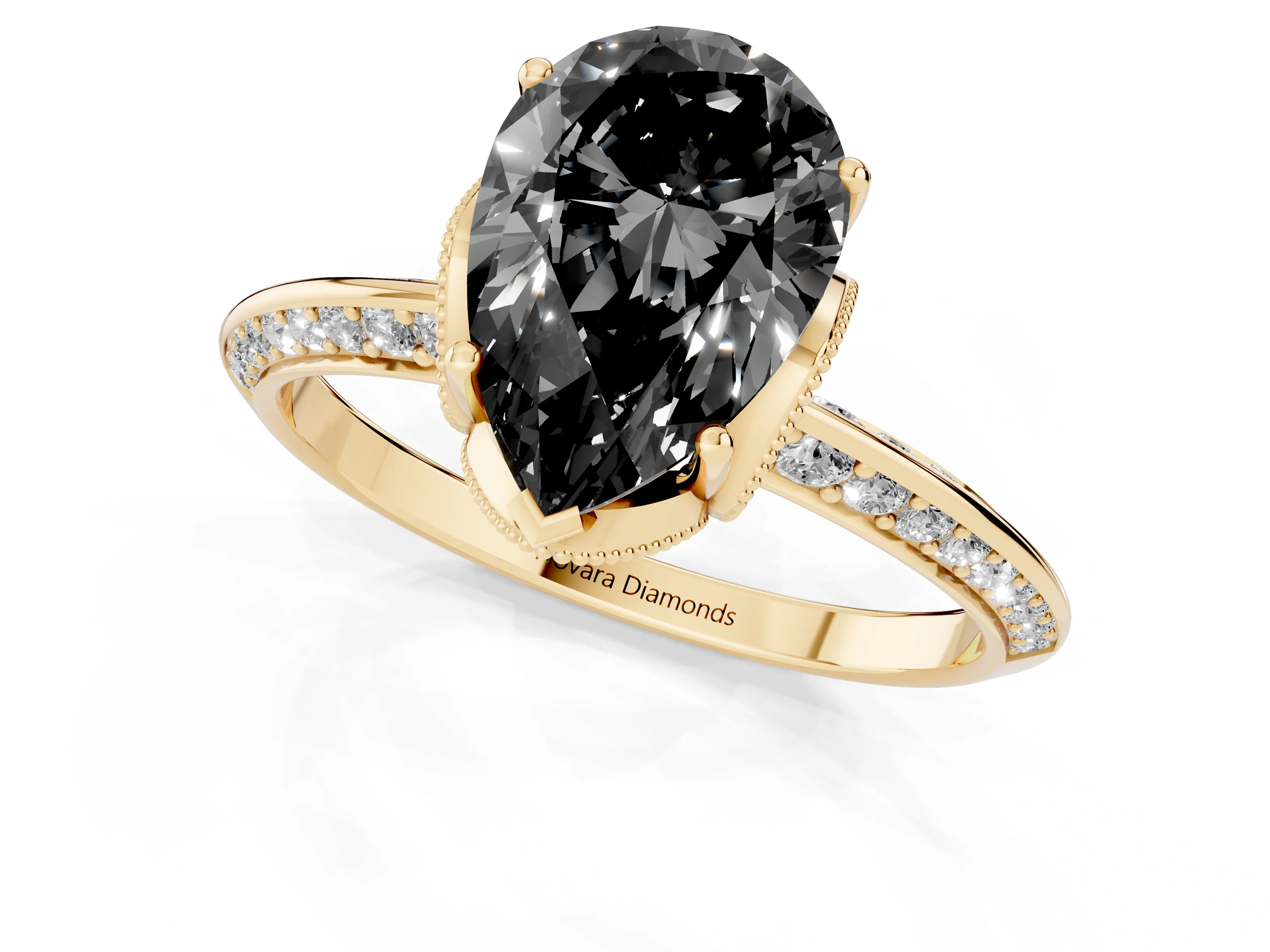 Fancy Black Pear Cut Diamond Solitaire Engagement Ring Set in Yellow gold with Pavé Split Shank and Prong Setting