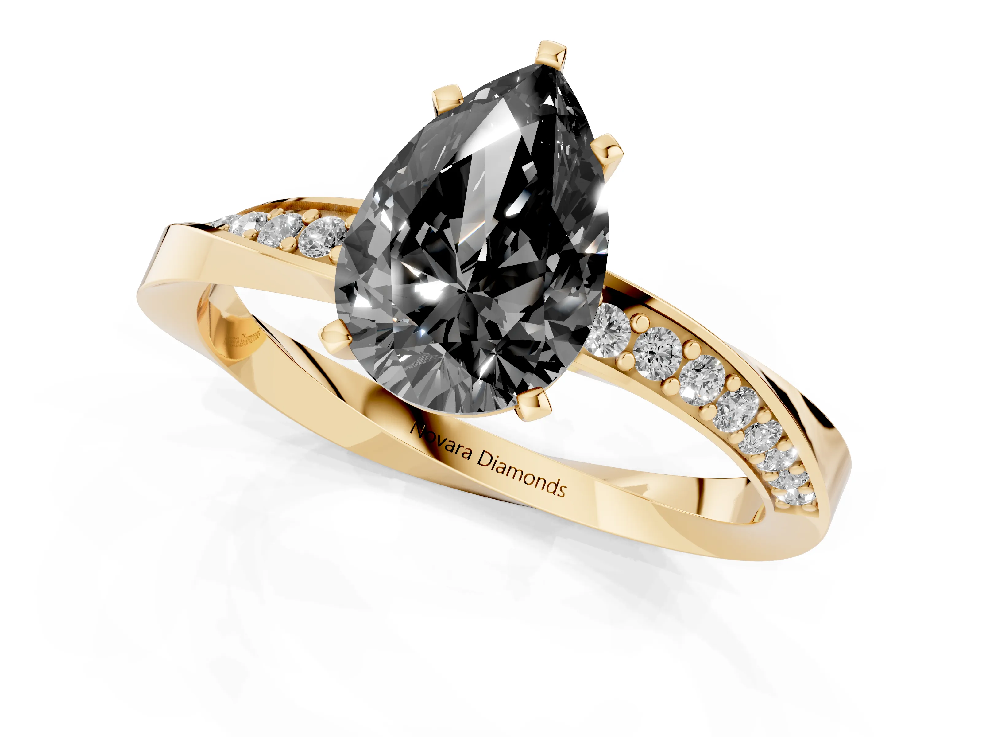 Fancy Black Pear Cut Diamond Engagement Ring Set in Yellow gold with Side Stone Accents and Prong Setting