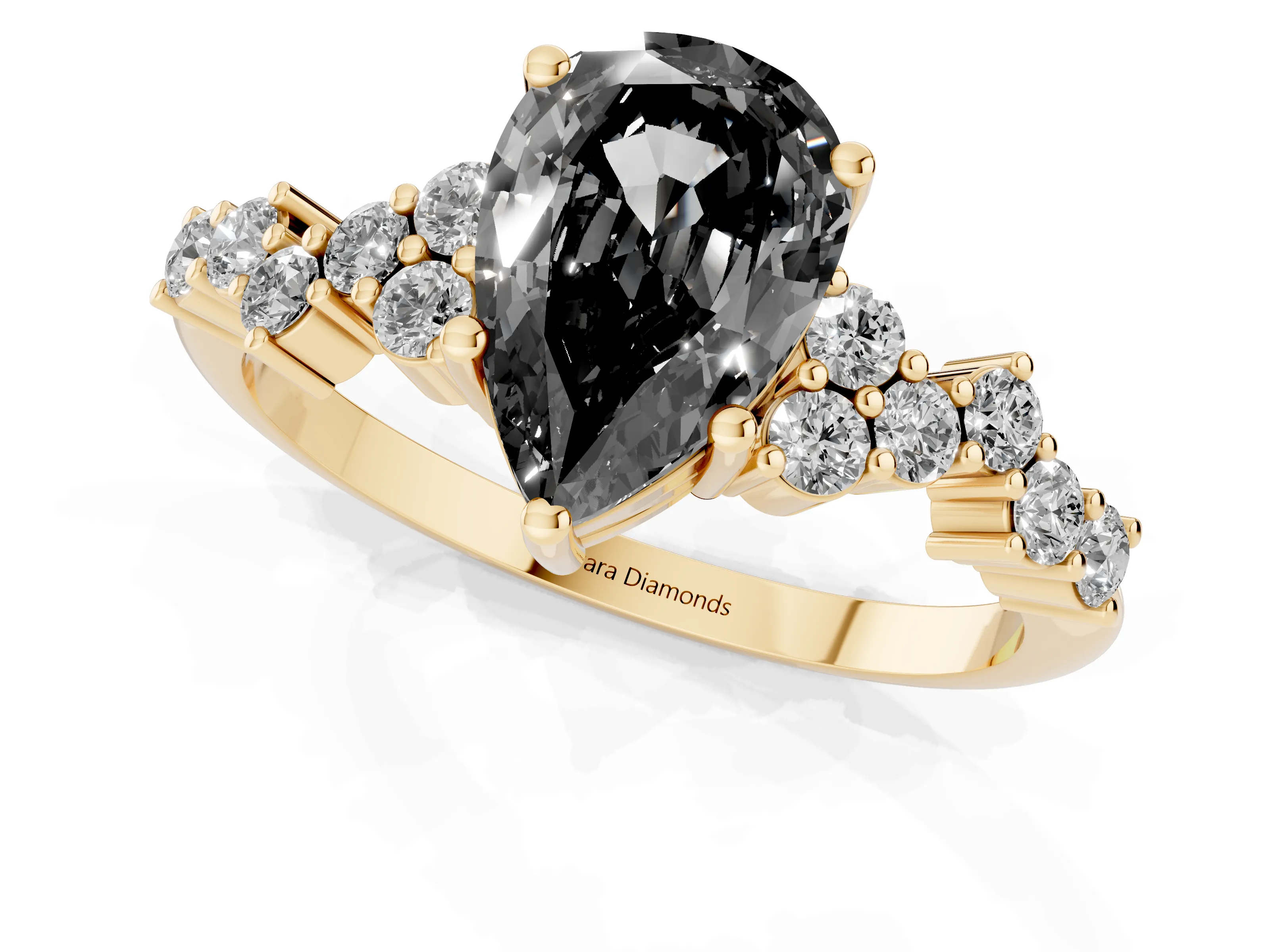 Fancy Black Pear Cut Diamond Ring Set in Yellow gold with Scattered Round Accents