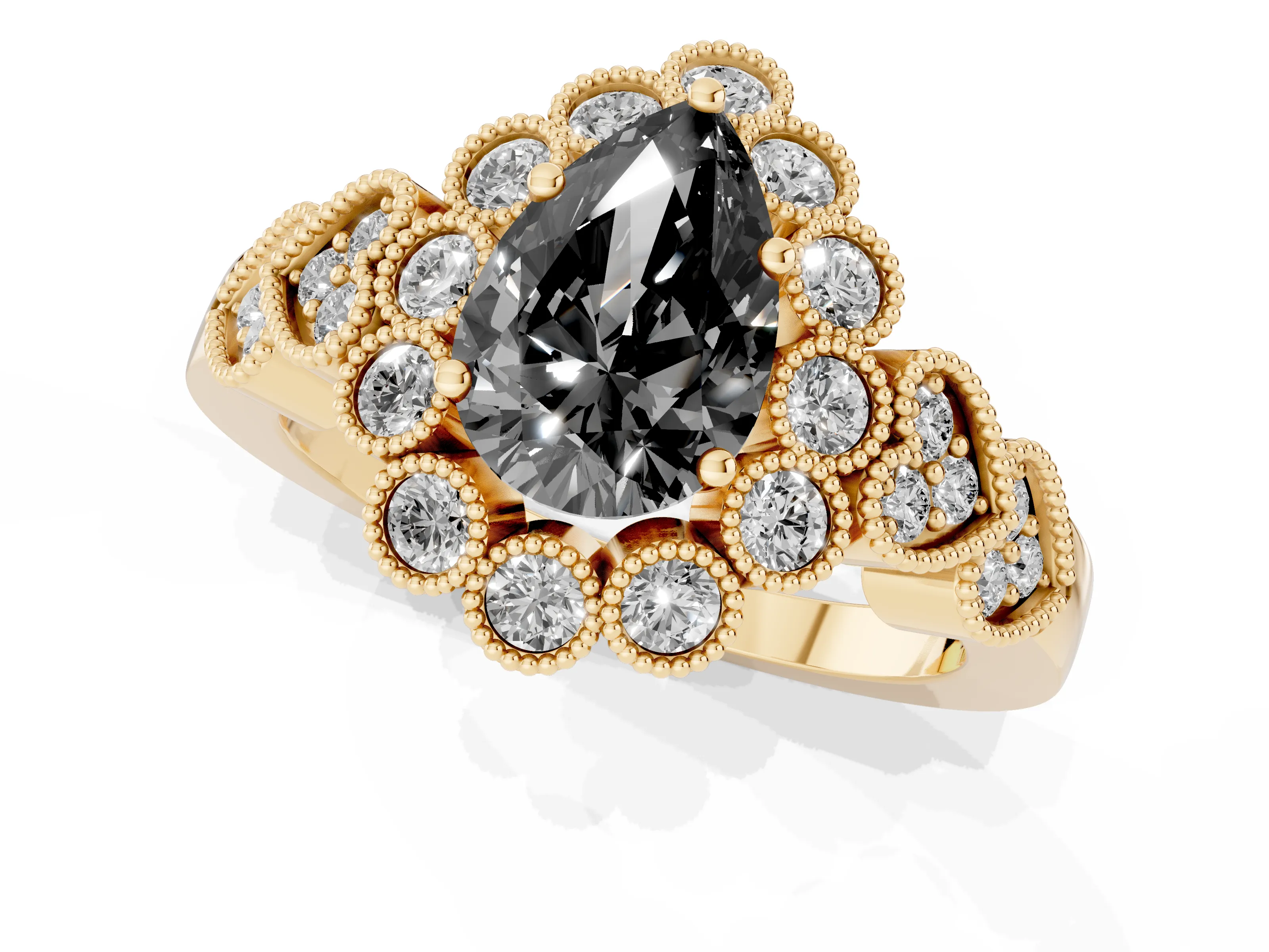 Fancy Black Pear Cut Diamond Solitaire Ring Set in Yellow gold with Milgrain Pavé Heart Band