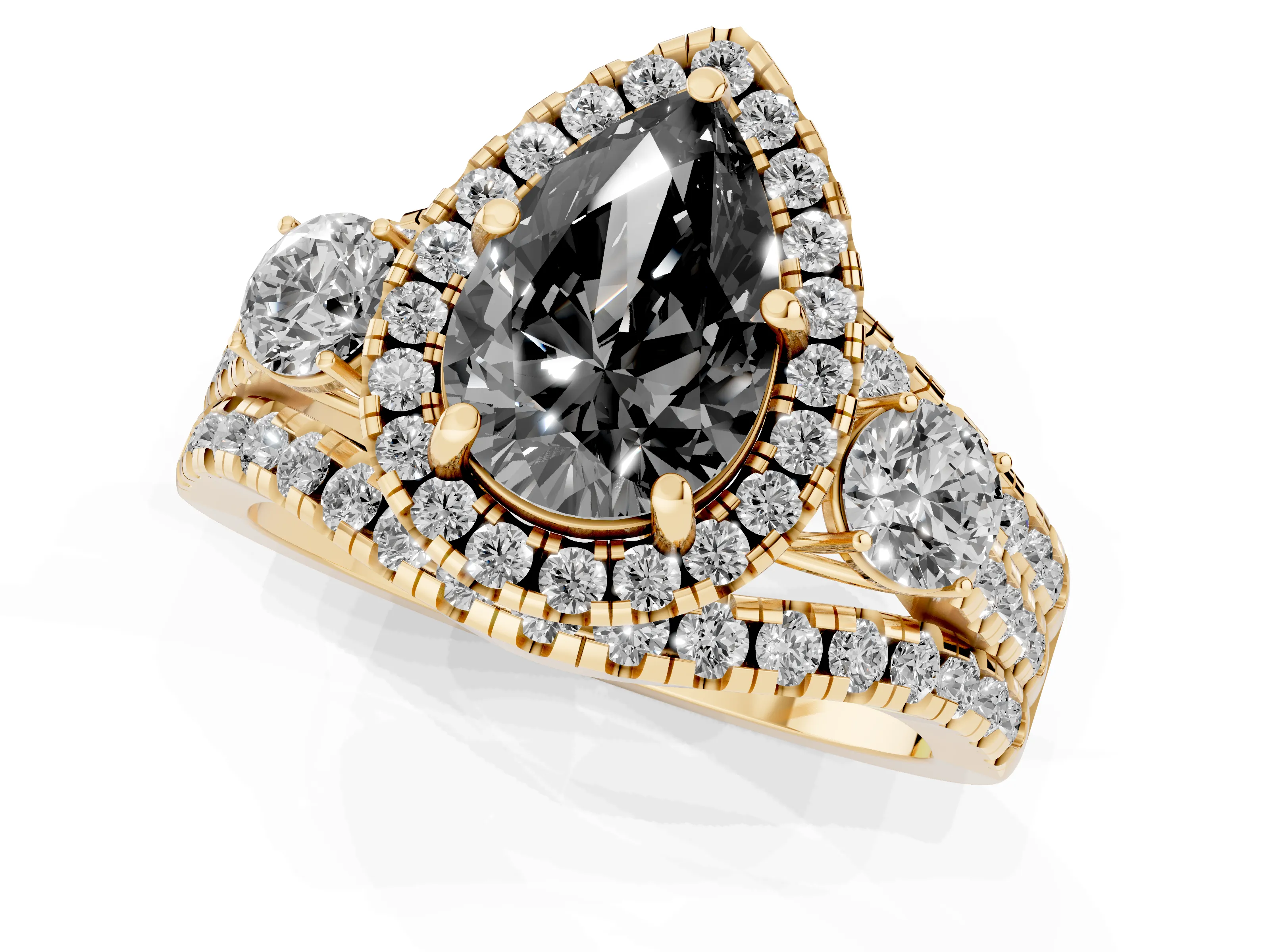 Fancy Black Pear Cut Diamond Halo Split Shank Ring Set in Yellow gold with Round Accent Stones and Prong Setting