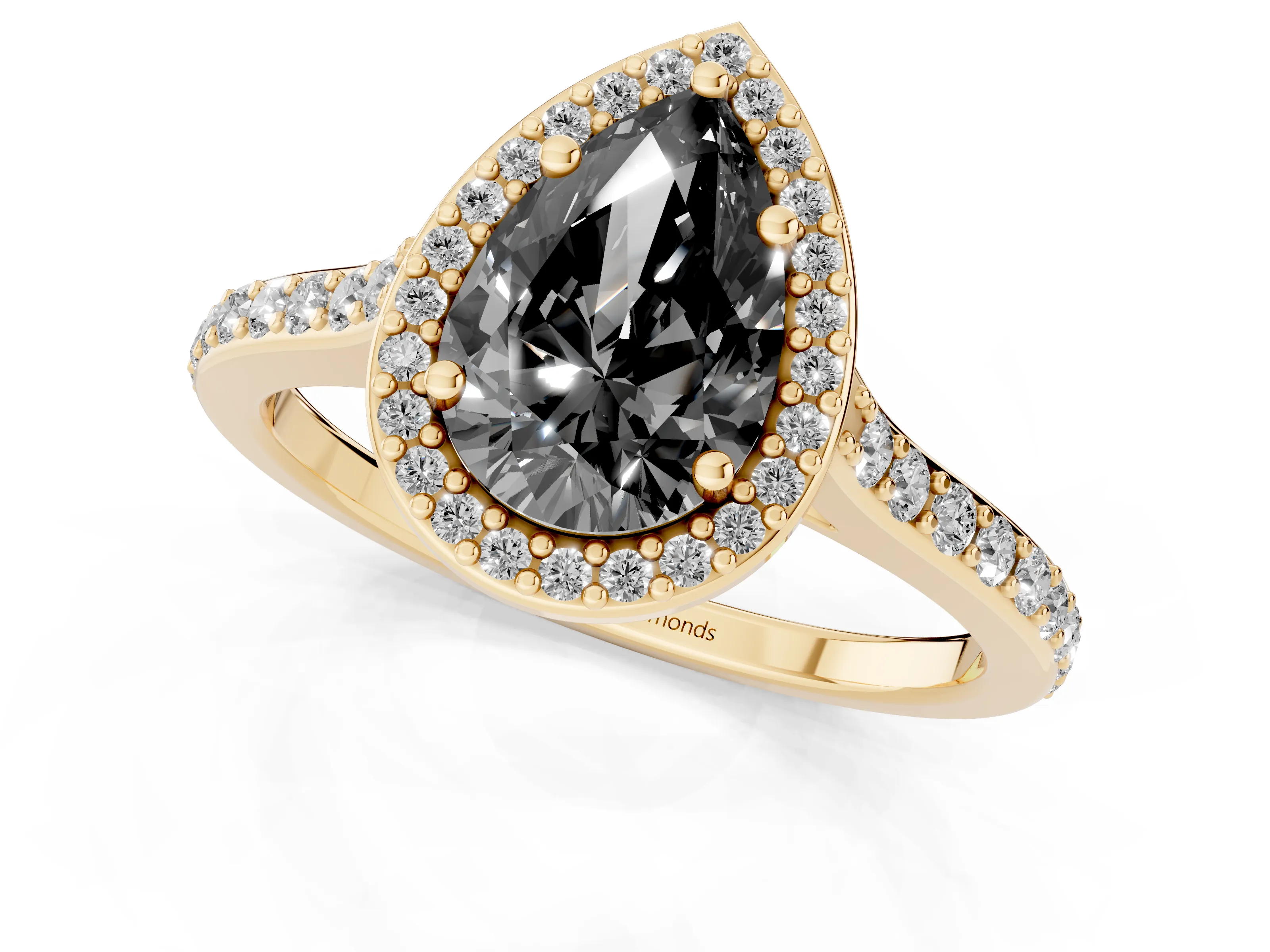 Fancy Black Pear Cut Diamond Halo Engagement Ring Set in Yellow gold with Round Pavé Shoulders and Heart Gallery