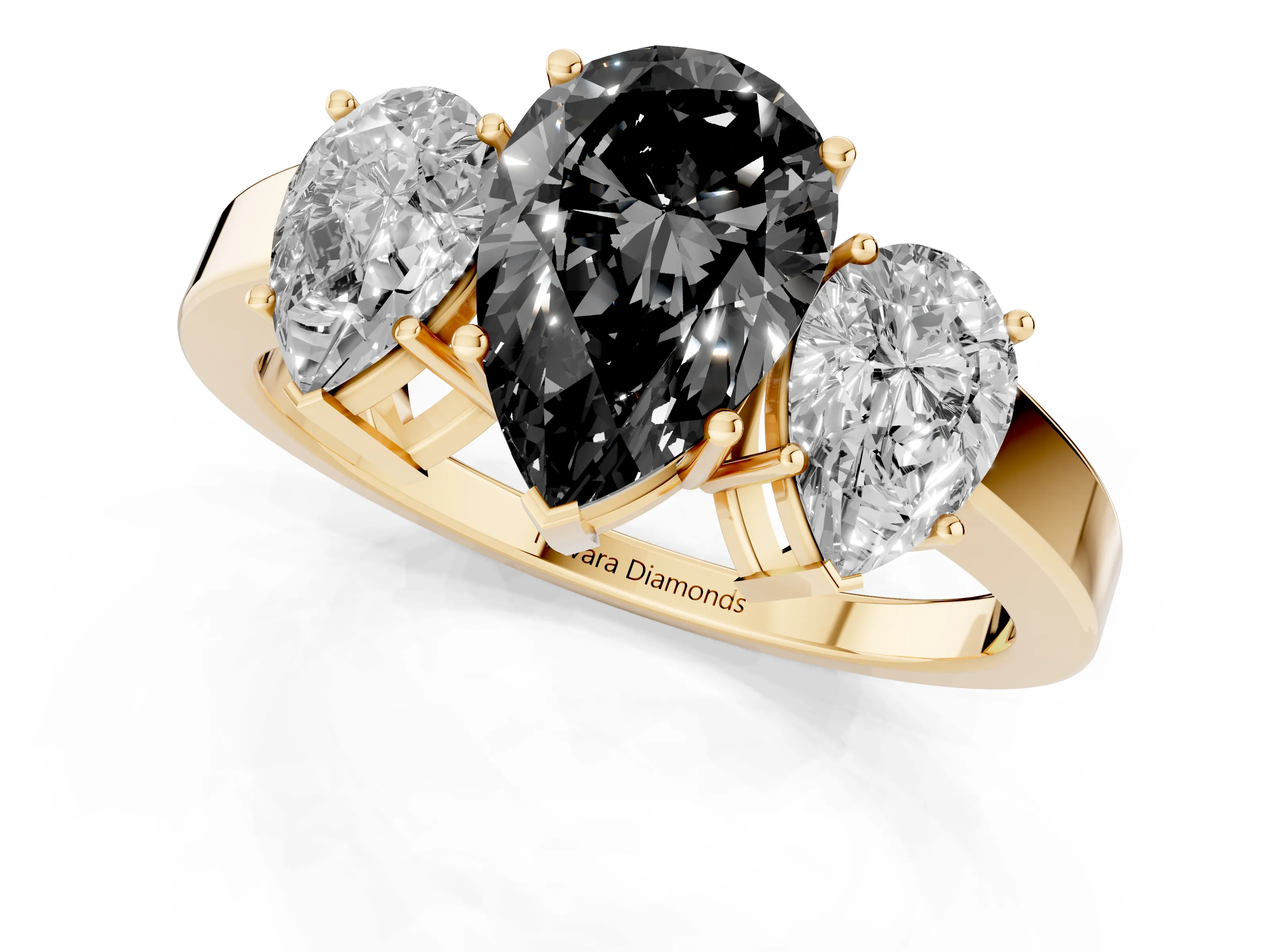 Fancy Black Pear Cut Diamond Three-Stone Engagement Ring Set in Yellow gold with Flat Band