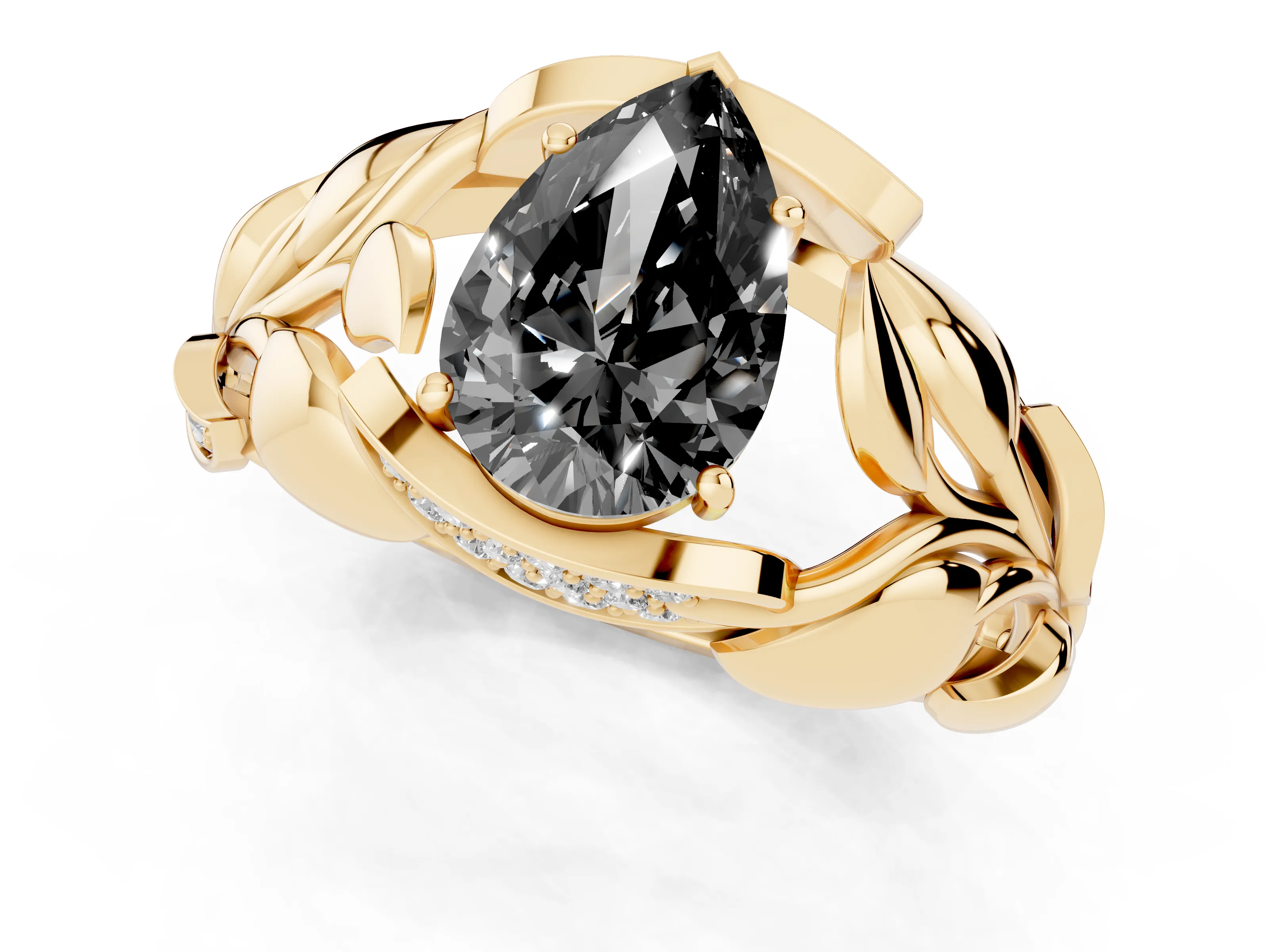 Fancy Black Pear Cut Diamond Leaf-Inspired Engagement Ring Set in Yellow gold with Round Accents