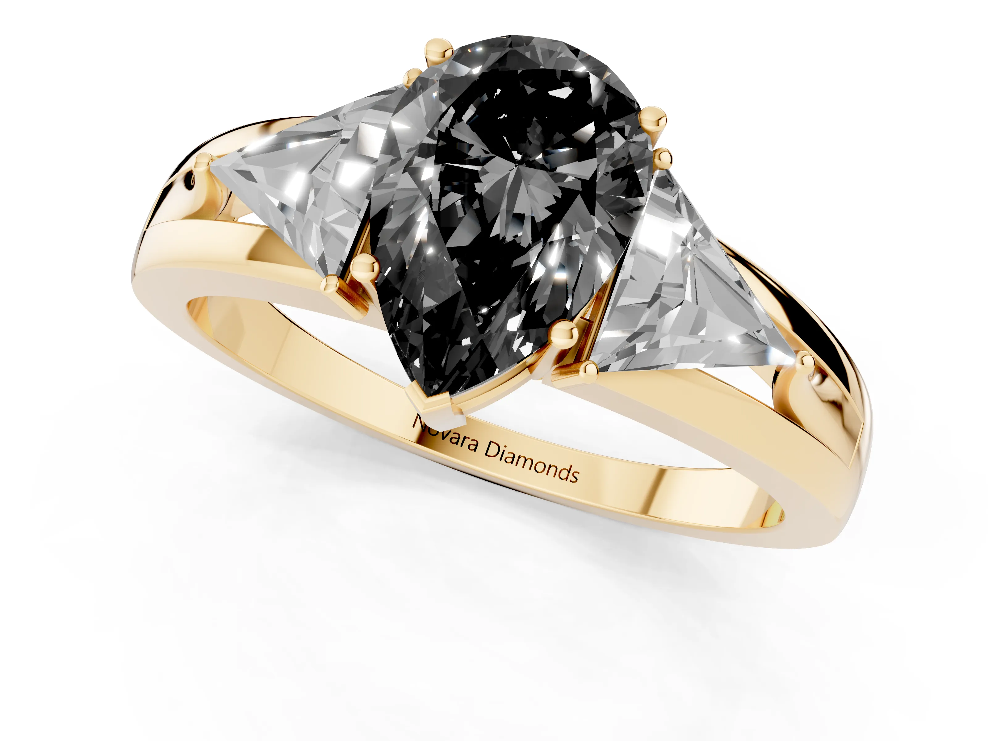 Fancy Black Pear Cut Diamond Three-Stone Ring Set in Yellow gold with Trillion Side Stones and Split Shank